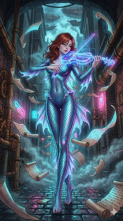 score_9, masterpiece, best quality, ultra-detailed, Set A: High-budget Anime Keyframe, Korean woman. Low angle cowboy shot filling the entire 9:16 frame with her statuesque presence. Theme: Urban Decay. playing a holographic violin in a steampunk Lon