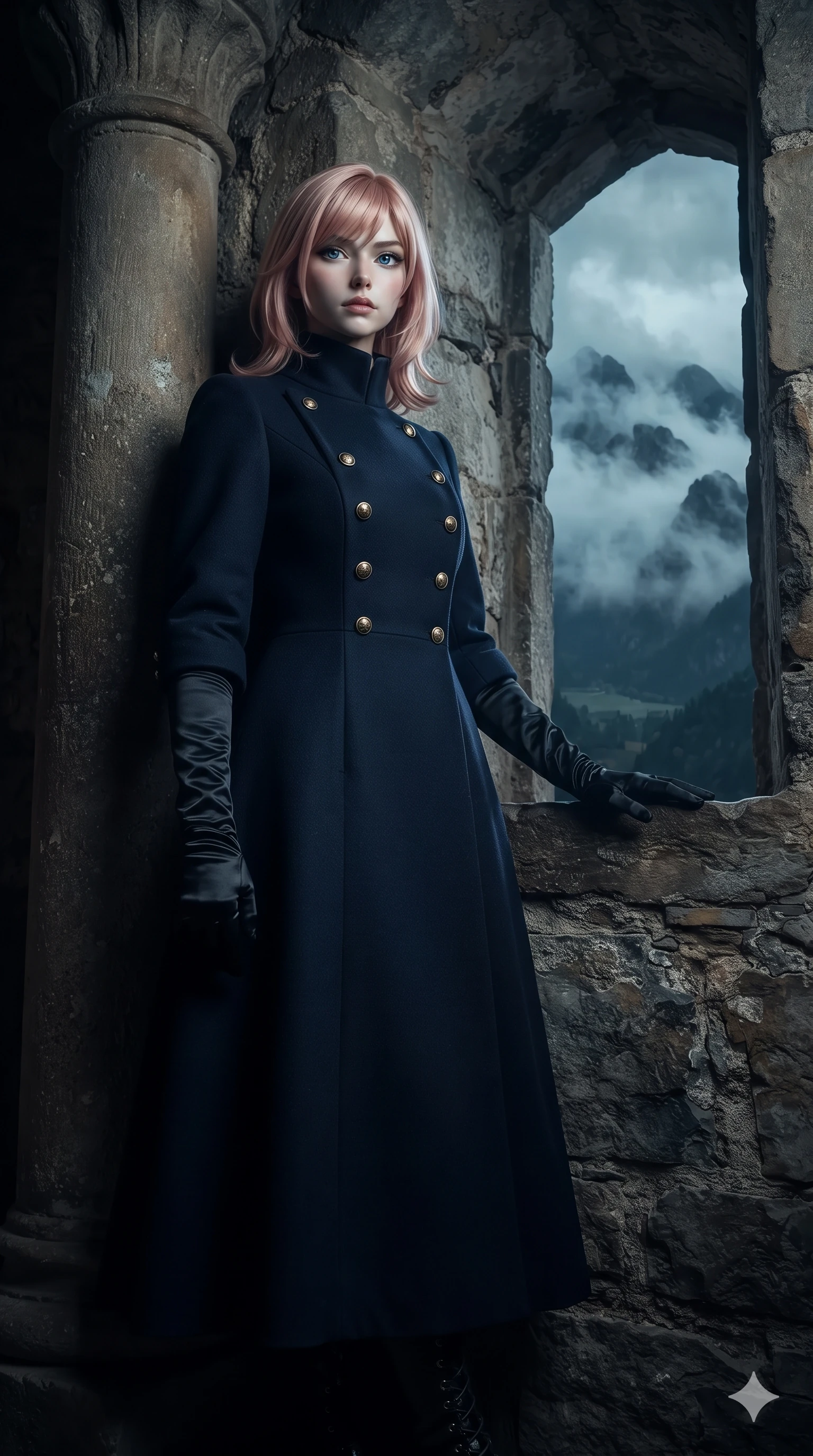 score_9, masterpiece, best quality, ultra-detailed, high-budget anime keyframe, editorial fashion photography, tasteful artistic composition, Japanese woman. low angle full-body shot from head to toe showing her feet, filling the entire 9:16 vertical frame with her statuesque presence, stretching her vertical silhouette. standing tall beside the architectural column, one hand resting high while arching her lower back to emphasize her sculpted feminine hips and slender waist while leaning against the circular turret embrasure with hips cocked back, watching storm mist swirl across the mountain peaks with heavy-lidded bedroom-eyes. The surrounding environment is rendered in vivid detail and crisp panoramic clarity: sharp lichen-encrusted granite ashlar blocks, wrought-iron rain guttering, and crisp windblown hair strands in deep focus. She has an exceptionally tall and slender model-like 8.5-heads proportion, an ultra-slim waist, a flat toned midriff, narrow delicate ribcage, and beautifully sculpted feminine hips creating a graceful, slim hourglass silhouette without any bulky heaviness, with impossibly long slender legs. sharp v-shaped jawline, high-bridge nose, intricate jewel-like eyes with depth, thick eyelashes, glossy parted lips with a natural sheen, intensely captivating and seductive bedroom-eyes expression, flawlessly proportioned anatomical accuracy, strict slender model proportions, natural body alignment, perfectly sculpted long slender limbs, ultra-slim waistline, clean dynamic posture without body distortion. wearing a structured high-collar Victorian opera greatcoat in midnight navy wool with polished brass crest buttons in dark onyx black and molten platinum, woven from structured carbon-fiber jacquard with rich textural depth, accessorized with opera-length satin gloves and a vintage crystal glass, the bespoke structured tailoring following the natural line of her 8.5-heads silhouette with refined elegance. bathed in diffused cool 5500K highland daylight contrasted with warm golden accent highlights from castle interior torchères. ultra-reflective glossy finish, specular highlights, rich textural contrasts, high-contrast stereoscopic depth, volumetric dynamic lighting, 2k, ultra detail, master piece, 9:16 ratio