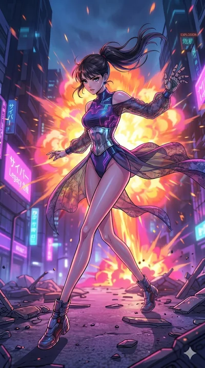 score_9, masterpiece, best quality, ultra-detailed, high-budget anime movie keyframe, cinematic anime lighting, intricate line art, Japanese woman. Low angle cowboy shot capturing a powerful motion and statuesque presence. reeling back from an explos