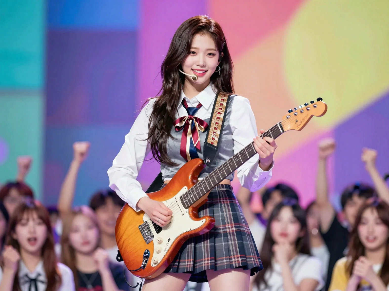 A Korean female idol performing on stage with an electric guitar, wearing a stylish outfit with a gift-style ribbon accent. The background features vibrant stage lighting and an excited audience.