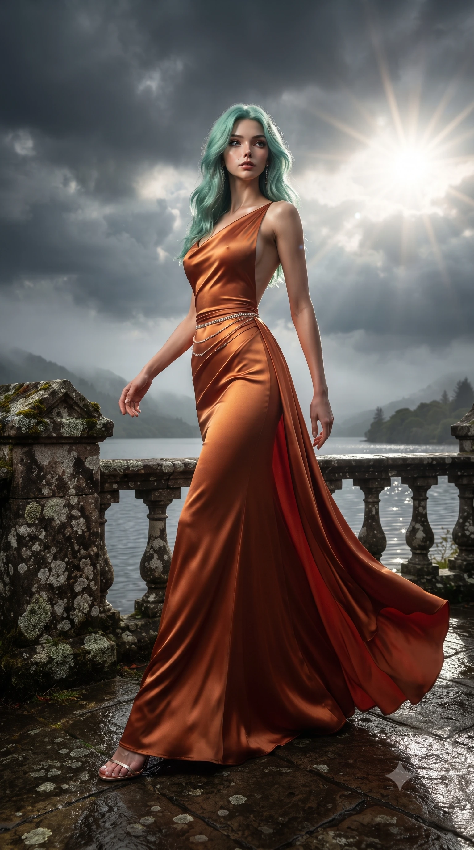 score_9, masterpiece, best quality, ultra-detailed, high-budget anime keyframe, editorial fashion photography, tasteful artistic composition, Japanese woman. low angle full-body shot from head to toe showing her feet, filling the entire 9:16 vertical frame with her statuesque presence, stretching her vertical silhouette. striding forward in a proud supermodel runway stride, hips swaying in an alluring kinetic rhythm that accentuates her curvy hourglass silhouette while turning in an alluring contrapposto stance as her sweeping heavy fabric catches the highland breeze, gazing out over the mist-shrouded waters. The surrounding environment is rendered in vivid detail and crisp panoramic clarity. sharp ancient granite masonry texture, lichen-covered stone balustrades, and loch ripple clarity in deep focus. She has an exceptionally tall and slender model-like 8.5-heads proportion, an ultra-slim waist, a flat toned midriff, narrow delicate ribcage, and beautifully sculpted feminine hips creating a graceful, slim hourglass silhouette without any bulky heaviness, with impossibly long slender legs. sharp v-shaped jawline, high-bridge nose, intricate jewel-like eyes with depth, thick eyelashes, glossy parted lips with a natural sheen, intensely captivating and seductive bedroom-eyes expression, flawlessly proportioned anatomical accuracy, strict slender model proportions, natural body alignment, perfectly sculpted long slender limbs, ultra-slim waistline, clean dynamic posture without body distortion. wearing an open-back duchess satin gala gown with a dramatic hip-hugging drape and cascading trailing hem in molten desert gold and burnt terracotta, tailored from liquid silk jersey adhering flawlessly to her slender build, accented with a dainty diamond waist chain catching the ambient light reflections, the liquid-tight tailored fabric clinging flawlessly to her narrow waist and rounded feminine hips, emphasizing every millimeter of her sculpted slim hourglass curves without any bulky heaviness. bathed in dramatic god-ray sunlight bursting through dark storm clouds onto the turret. ultra-reflective glossy finish, specular highlights, rich textural contrasts, high-contrast stereoscopic depth, volumetric dynamic lighting, 2k, ultra detail, master piece, 9:16 ratio