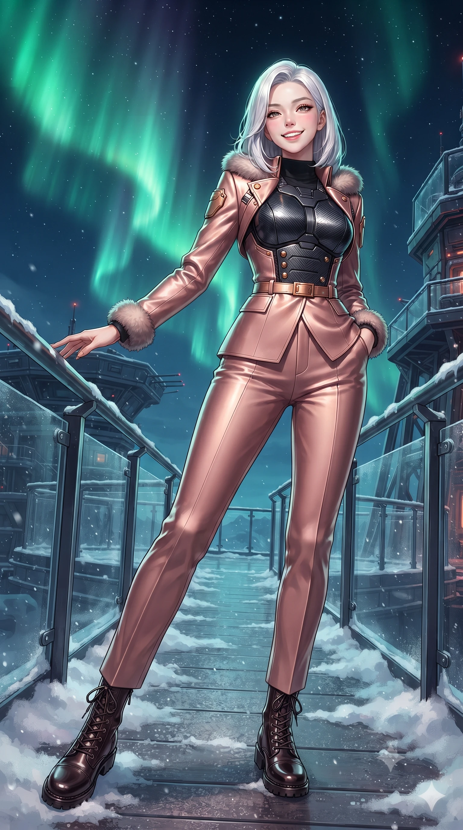 score_9, masterpiece, best quality, ultra-detailed, high-budget anime keyframe, editorial fashion photography, tasteful artistic composition, Korean woman. low angle full-body shot from head to toe showing her feet, filling the entire 9:16 vertical frame with her statuesque presence, stretching her vertical silhouette. reclining gracefully across the plush chaise lounge with one leg extended, her sculpted silhouette and flat midriff radiating magnetic nocturnal glamour while standing poised on the snow-dusted cantilevered observation deck beneath a shimmering emerald aurora curtain, arching her spine with ethereal warrior poise. The surrounding environment is rendered in vivid detail and crisp panoramic clarity: detailed wool-blend thermal officer tailoring, fur-lined collar trim, and extreme-weather outpost engineering in high resolution. She has an exceptionally tall and slender model-like 8.5-heads proportion, an ultra-slim waist, a flat toned midriff, narrow delicate ribcage, and beautifully sculpted feminine hips creating a graceful, slim hourglass silhouette without any bulky heaviness, with impossibly long slender legs. sharp v-shaped jawline, high-bridge nose, intricate jewel-like sparkling eyes with depth, thick eyelashes, glossy parted lips with a natural peach sheen, bright cheerful beaming smile with an enchanting and coquettish sensual glint, exuding both youthful cute charm and seductive allure, flawlessly proportioned anatomical accuracy, strict slender model proportions, natural body alignment, perfectly sculpted long slender limbs, ultra-slim waistline, clean dynamic posture without body distortion. wearing a structured cyber-infantry dress uniform jacket with carbon-fiber chest plating and brass buttons over a mock-neck top and tailored wool trousers in high-gloss rose-gold and burnished copper, crafted from bespoke double-faced cashmere with an exceptionally soft tactile finish, finished with sleek magnetic buckle closures fluttering in the breeze, the bespoke structured tailoring following the natural line of her 8.5-heads silhouette with refined elegance. illuminated by snow crust reflection bounce and sharp aurora-emerald rim lights sculpting her jawline, narrow waist, and curvy hips. ultra-reflective glossy finish, specular highlights, rich textural contrasts, high-contrast stereoscopic depth, volumetric dynamic lighting, 2k, ultra detail, master piece, 9:16 ratio