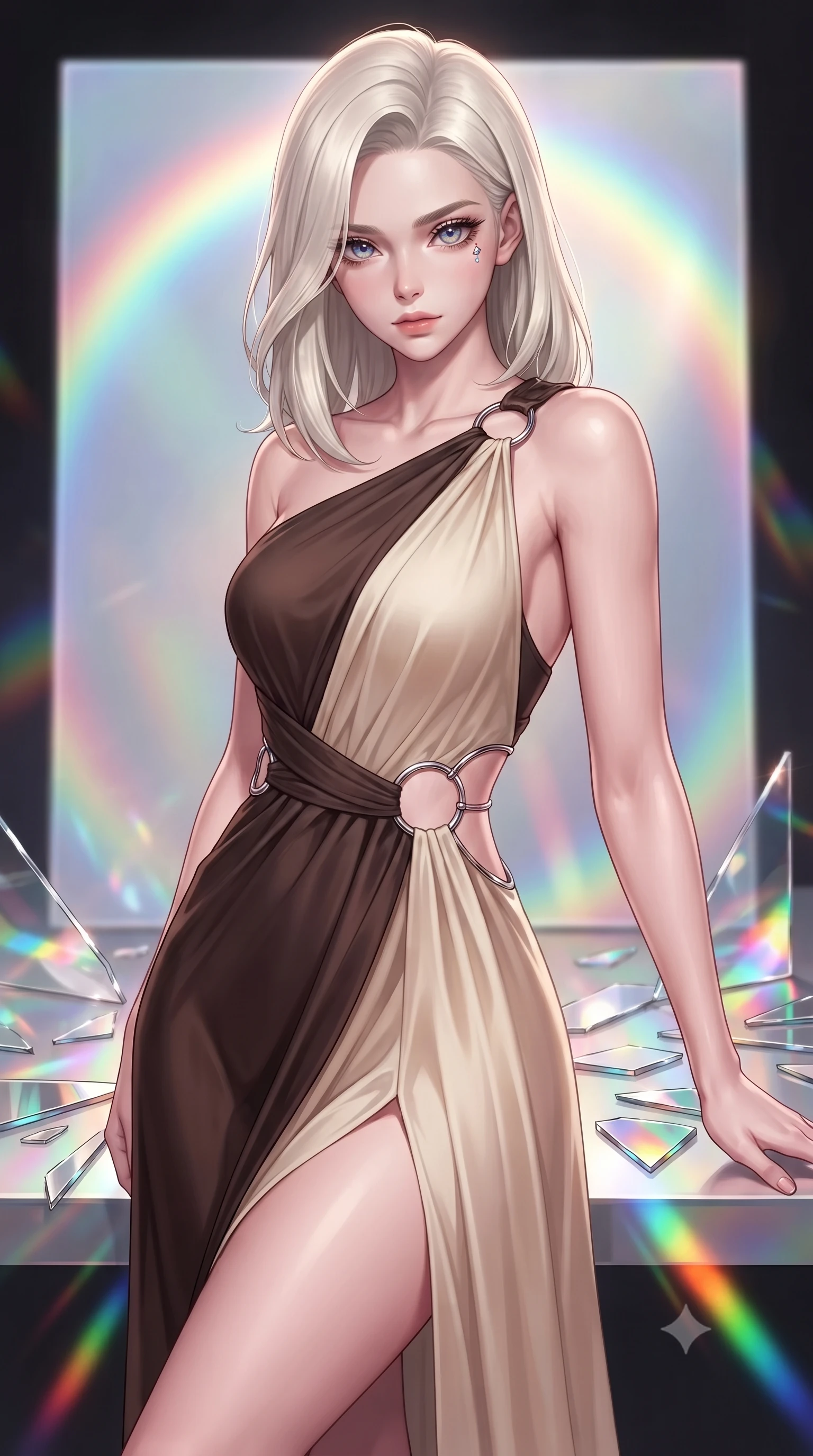 score_9, masterpiece, best quality, ultra-detailed, high-budget anime keyframe, editorial fashion photography, tasteful artistic composition, Caucasian woman. close-up cowboy shot from the waist and thighs up, the character dominates the composition, filling the frame with her large presence, background elements kept in soft focus. Leaning slightly forward with a composed, seductive gaze under soft glowing light poised before a giant holographic canvas emitting luminous color arcs, shattered mirror shards scattering brilliant rainbow reflections everywhere. She has an exceptionally elegant, slender, and willowy female figure with an ultra-slim waist, a gracefully sculpted slender torso, and a refined silhouette. sharp v-shaped jawline, high-bridge nose, intricate jewel-like eyes with depth, thick eyelashes, glossy lips with a natural sheen. wearing an asymmetrical Grecian draped chiffon gown with a metallic shoulder ring in espresso brown and warm cream, formed from sleek second-skin neoprene, accented with delicate chrome ring hardware framing her waist, the elegant draped fit framing her graceful clavicle and slender torso. illuminated by brilliant multi-color rainbow light refracting through glass. highly saturated vibrant anime colors, detailed shading with soft gradients, rich glossy textures, high-contrast stereoscopic depth, volumetric dynamic lighting, master piece, 9:16 ratio