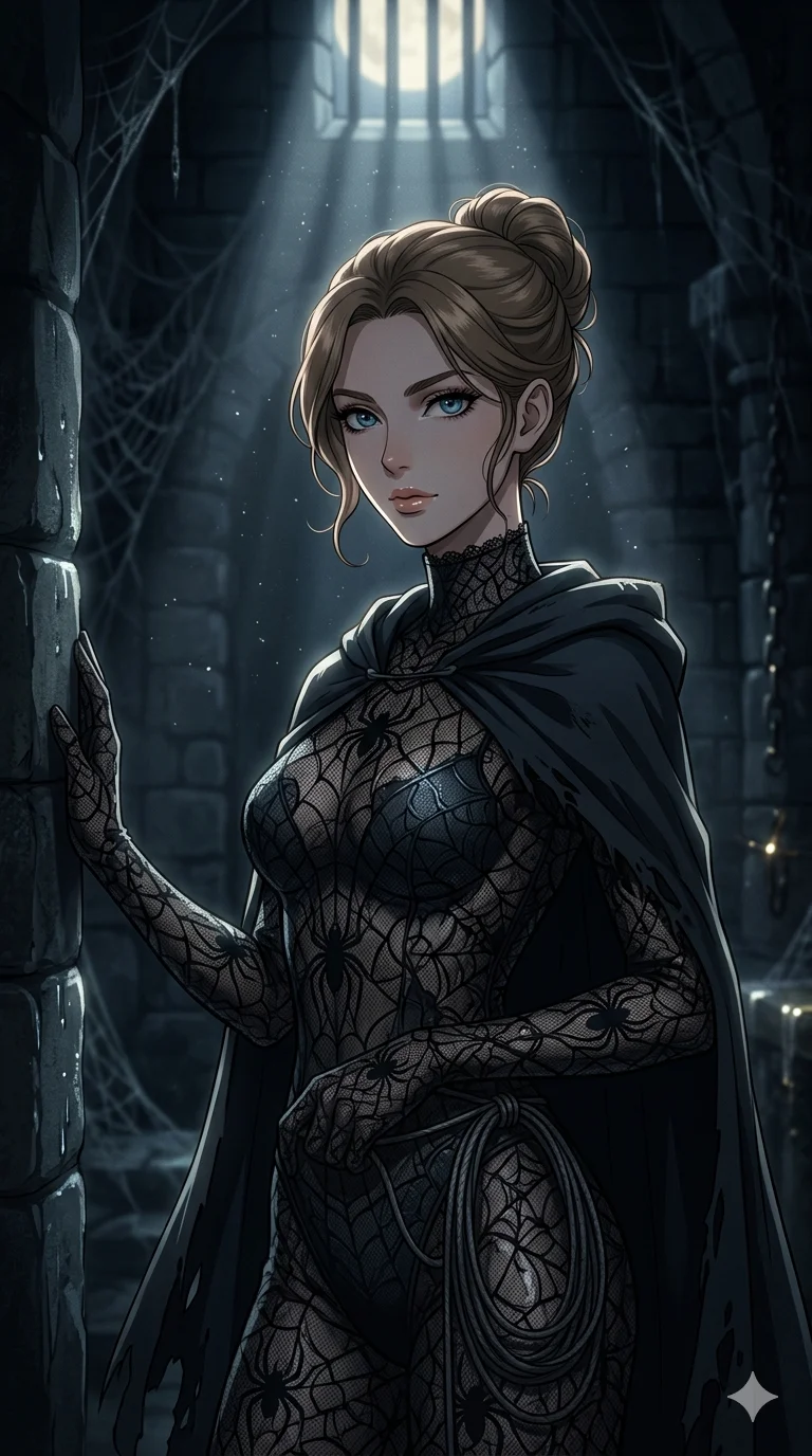 score_9, masterpiece, best quality, ultra-detailed, high-budget anime keyframe, an incredibly beautiful Caucasian woman (strictly human ears). Medium shot of upper body focusing on her alluring features and slim-fit silhouette, filling the vertical 9:16 frame. She is a spider-silk assassin waiting in the shadows. Her figure boasts an absolutely perfect 8-heads proportion, an exceptionally tall and slender build emphasizing a delicate skinny aesthetic. Her face is a flawless masterpiece with a sharp v-shaped jawline, high-bridge nose, expressive jewel-like eyes, thick eyelashes, and perfectly glossy lips. She is wearing a sensual tight-fitting spiderweb lace bodysuit. A dark cobweb-filled dungeon with a single beam of moonlight, dramatic rim lighting., 2k, ultra detail, master piece, 9:16 ratio