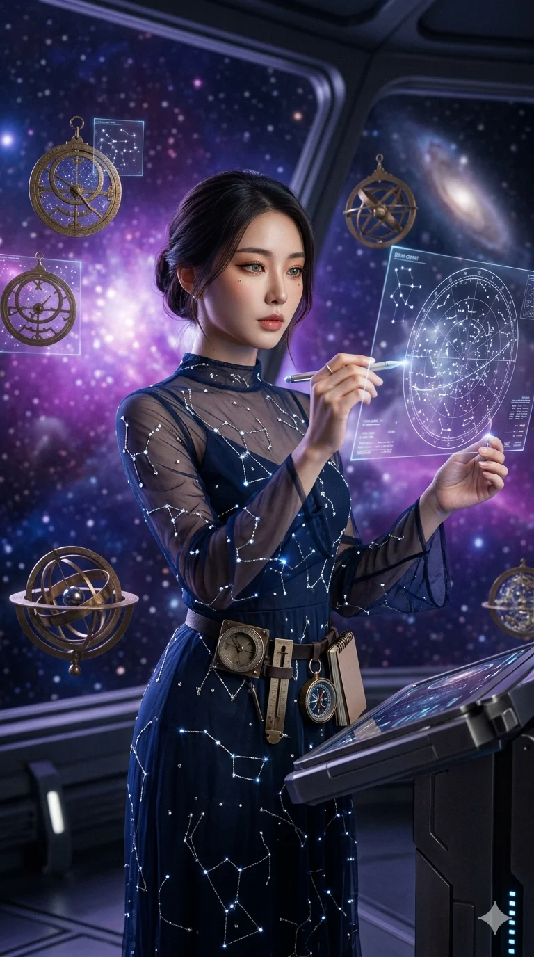 score_9, masterpiece, best quality, ultra-detailed, photorealistic 8k CG render, an incredibly beautiful Korean woman. Medium shot of upper body focusing on her alluring features and slim-fit silhouette, filling the vertical 9:16 frame. She is a celestial navigator charting the stars. She has an absolutely perfect 8-heads proportion, an exceptionally tall and slender female figure with impossibly long slender legs and an ultra-slim waist. Her face is a highly detailed masterpiece featuring a sharp v-shaped jawline, high-bridge nose, intricate jewel-like eyes, thick eyelashes, and glossy lips. She is wearing a sheer fabric gown adorned with glowing constellations. A breathtaking view of a vibrant purple nebula and floating astrolabes., 2k, ultra detail, master piece, 9:16 ratio