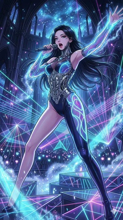 score_9, masterpiece, best quality, ultra-detailed, high-budget anime movie keyframe, cinematic anime lighting, intricate line art, Japanese woman. Upper body filling screen focusing on her alluring features and slim-fit silhouette. singing on a lase