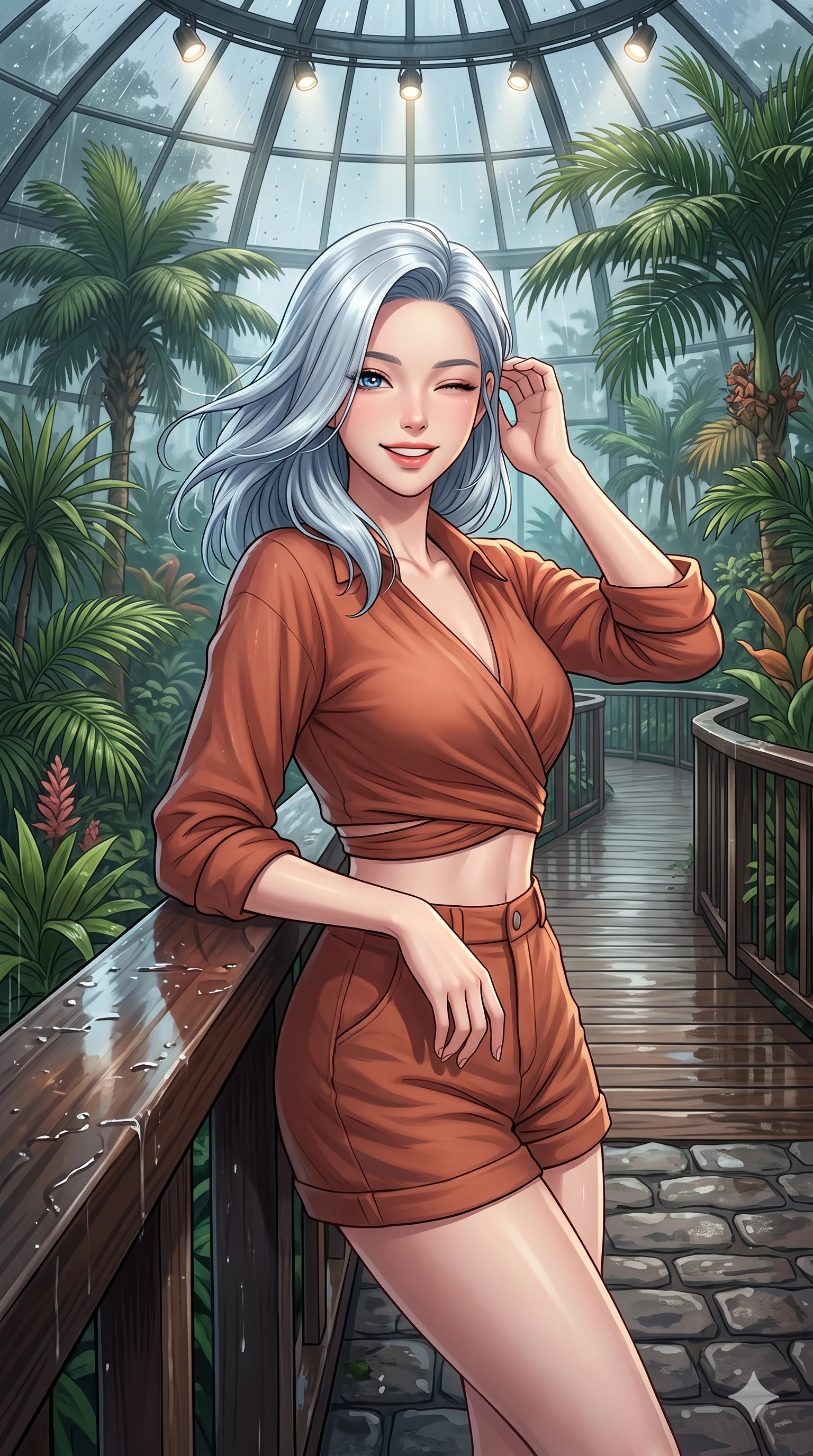 score_9, masterpiece, best quality, ultra-detailed, high-budget anime keyframe, vibrant anime aesthetic, Korean woman. close-up cowboy shot from the waist and thighs up, the character dominates the composition, filling the frame with her large presence, background elements kept in soft focus. She is leaning back on a wet, rain-slicked railing, winking and smiling delightfully, with a bright, joyful gaze with a soft breath of wind in her hair. on a wooden boardwalk winding through a botanical garden greenhouse filled with exotic palms, under a glass dome (Code-P22-073). She has an absolutely perfect proportion, an exceptionally elegant and slender female figure with an ultra-slim waist. V-shaped jawline, high-bridge nose, intricate jewel-like eyes with depth, thick eyelashes, glossy lips with a natural sheen. wearing a cropped wrap shirt and high-waisted shorts in warm terracotta. She is illuminated by warm overhead spotlights inside the plant conservatory dome, casting soft shadows that enhance her features along the cobblestone alley. 2k, ultra detail, master piece, 9:16 ratio