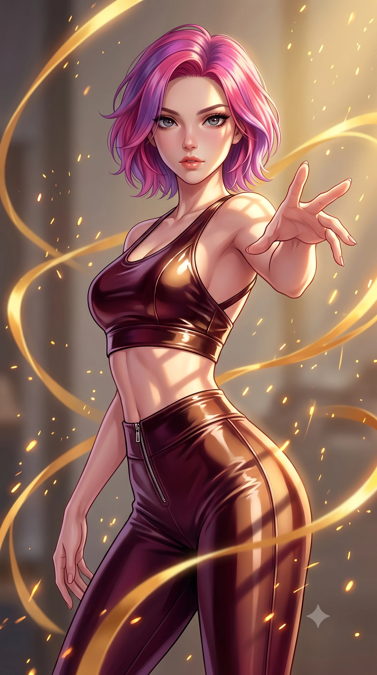 score_9, masterpiece, best quality, ultra-detailed, high-budget anime keyframe, editorial fashion photography, tasteful artistic composition, Caucasian woman. close-up cowboy shot from the waist and thighs up, the character dominates the composition, filling the frame with her large presence, background elements kept in soft focus. Reaching her hand gracefully toward the camera with magnetic allure, her torso turning in a dynamic S-curve alignment while pivoting sharply with a dynamic waist tilt as golden solar flare ribbons swirl around her, blazing solar flare sparks falling like a golden shower around her statuesque figure. She has an exceptionally elegant, slender, and willowy female figure with an ultra-slim waist, a gracefully sculpted slender torso, and a refined silhouette. sharp v-shaped jawline, high-bridge nose, intricate jewel-like eyes with depth, thick eyelashes, glossy lips with a natural sheen, flawlessly proportioned anatomical accuracy, natural body alignment, perfectly sculpted elegant limbs, clean dynamic posture without body distortion. wearing a glossy vinyl crop top and high-waist tailored leggings with sleek zippers in deep burgundy and bronze, made of premium stretch velvet with a rich sheen, complemented by criss-cross back straps highlighting her bare shoulders, the tailored fabric tightly following every curve of her athletic build. illuminated by a majestic golden key light casting sharp dynamic shadow grids. highly saturated vibrant anime colors, detailed shading with soft gradients, rich glossy textures, high-contrast stereoscopic depth, volumetric dynamic lighting, master piece, 9:16 ratio