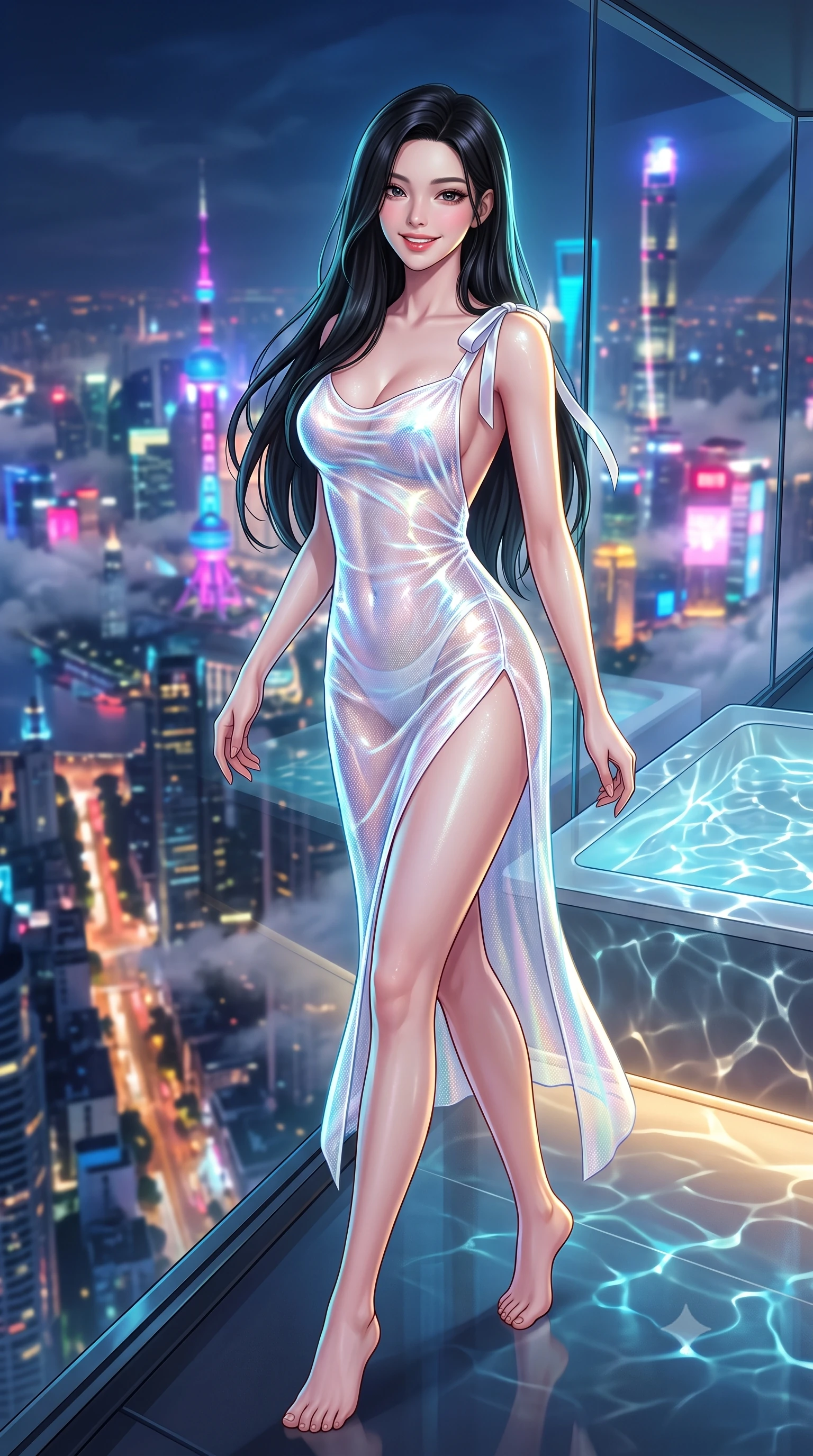 score_9, masterpiece, best quality, ultra-detailed, high-budget anime keyframe, semi-realistic 3D game render, editorial fashion photography, tasteful artistic composition, Korean woman. low angle full-body shot from head to toe showing her feet, filling the entire 9:16 vertical frame with her statuesque presence, stretching her vertical silhouette. stepping forward in a confident stride, her long slender legs and curvaceous hips creating a dynamic, sweeping vertical line while leaning against the frameless panoramic glass wall with hips cocked back, casting an alluring bedroom-gaze over the endless sea of Shanghai skyscrapers. The background shows a soft-focus dizzying grid of illuminated Shanghai avenues far below piercing through swirling nocturnal cloud layers, neon tower spires blurred into magenta, cyan, and gold bokeh. She has an exceptionally tall and slender model-like 8.5-heads proportion, an ultra-slim waist, a flat toned midriff, narrow delicate ribcage, and beautifully sculpted feminine hips creating a graceful, slim hourglass silhouette without any bulky heaviness, with impossibly long slender legs. sharp v-shaped jawline, high-bridge nose, intricate jewel-like sparkling eyes with depth, thick eyelashes, glossy parted lips with a natural peach sheen, bright cheerful beaming smile with an enchanting and coquettish sensual glint, exuding both youthful cute charm and seductive allure, flawlessly proportioned anatomical accuracy, strict slender model proportions, natural body alignment, perfectly sculpted long slender limbs, ultra-slim waistline, clean dynamic posture without body distortion. wearing an alluring backless sheer holographic mesh slip dress with high thigh slit clinging smoothly to her dewy skin in pure translucent crystal white and iridescent opal, woven from stretch metallic lurex jersey casting radiant starlight glints across her curves, finished with satin ribbon ties at the shoulders fluttering in the gentle breeze, the liquid-tight tailored fabric clinging flawlessly to her narrow waist and rounded feminine hips, emphasizing every millimeter of her sculpted slim hourglass curves without any bulky heaviness. illuminated by tub water caustics bounce and sharp platinum-cyan rim lights sculpting her jawline, narrow waist, and curvy hips. highly saturated vibrant anime colors, detailed shading with soft gradients, rich glossy textures, high-contrast stereoscopic depth, volumetric dynamic lighting, master piece, 9:16 ratio