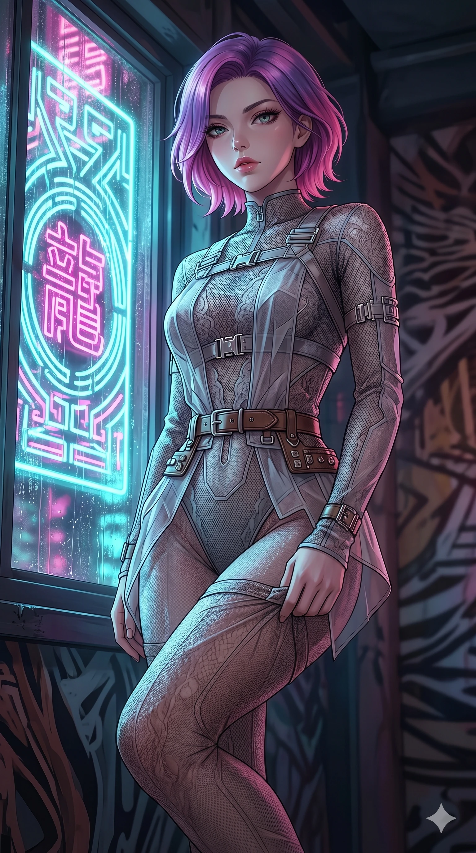 score_9, masterpiece, best quality, ultra-detailed, High-budget Anime Keyframe, East Asian woman. Low angle cowboy shot filling the entire 9:16 frame with her statuesque presence. Scenario 197: Adjusting her elegant hosiery by a glowing neon window. Her presence is magnetic and overpowering in this high-budget anime scene. Outfit 197: A fine technical mesh texture lace long with a translucent architectural overlays and metallic buckles. The clothing is designed to emphasize her exceptionally tall and slender 8-heads proportion. 8-heads proportion, towering silhouette, ultra-slim waist. sharp v-shaped jawline, intricate jewel-like eyes with depth, thick eyelashes, glossy lips. 2k, ultra detail, master piece, 9:16 ratio