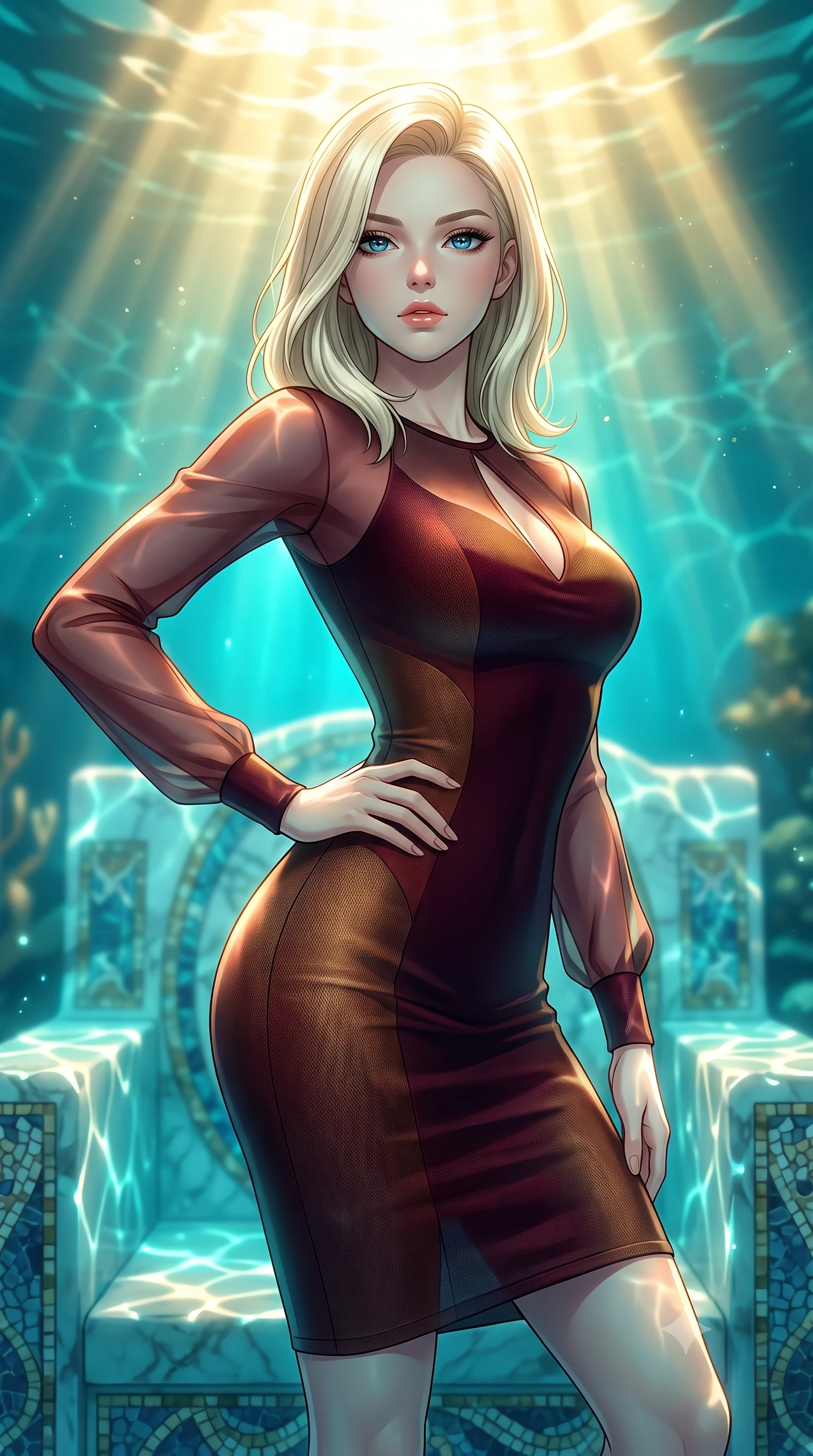 score_9, masterpiece, best quality, ultra-detailed, high-budget anime keyframe, editorial fashion photography, tasteful artistic composition, Caucasian woman. close-up cowboy shot from the waist and thighs up, the character dominates the composition, filling the frame with her large presence, background elements kept in soft focus. Holding a powerful dynamic pose with one hand on her hip and body angled dramatically toward the key light while pivoting her torso in a fluid S-curve alignment over a submerged mosaic marble throne, intense golden underwater sunbeams Penetrating deep turquoise water in caustic ripples. She has an exceptionally elegant, slender, and willowy female figure with an ultra-slim waist, a gracefully sculpted slender torso, and a refined silhouette. sharp v-shaped jawline, high-bridge nose, intricate jewel-like eyes with depth, thick eyelashes, glossy lips with a natural sheen, flawlessly proportioned anatomical accuracy, natural body alignment, perfectly sculpted elegant limbs, clean dynamic posture without body distortion. wearing a sleek bodycon knit dress with strategic sheer organza sleeve panels in deep burgundy and bronze, woven from fine semi-opaque sheer organza, accented with a Tasteful chest slit framing her clavicle gracefully, the form-contouring material highlighting her ultra-slim waist and long lines. bathed in brilliant sun-drenched water rays and luminous turquoise caustic glow. highly saturated vibrant anime colors, detailed shading with soft gradients, rich glossy textures, high-contrast stereoscopic depth, volumetric dynamic lighting, master piece, 9:16 ratio