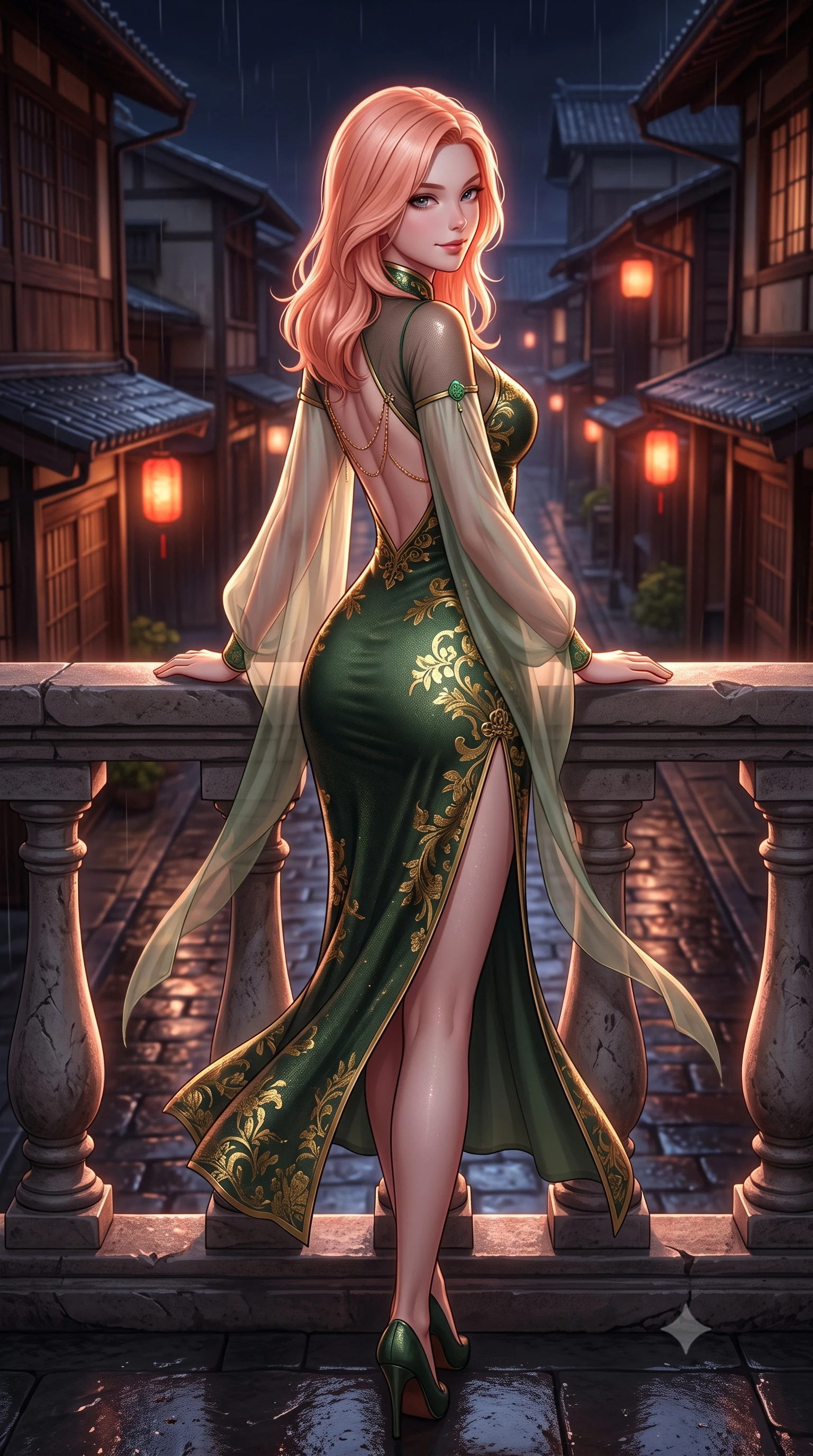 score_9, masterpiece, best quality, ultra-detailed, high-budget anime keyframe, semi-realistic 3D game render, editorial fashion photography, tasteful artistic composition, Japanese woman. low angle full-body shot from head to toe showing her feet, filling the entire 9:16 vertical frame with her statuesque presence, stretching her vertical silhouette. executing a slow, graceful pivot turn as her skirt sways around her slender legs, glancing back with an enchanting, teasing sensual expression while leaning against the carved stone balustrade with hips cocked back, looking down at cobblestone alleyways with smoldering bedroom-eyes. The surrounding environment is rendered in vivid detail and crisp panoramic clarity: detailed alluring semi-sheer silk chiffon boudoir peignoir drape, jade button accents, and heritage architecture in razor-sharp precision. She has an exceptionally tall and slender model-like 8.5-heads proportion, an ultra-slim waist, a flat toned midriff, narrow delicate ribcage, and beautifully sculpted feminine hips creating a graceful, slim hourglass silhouette without any bulky heaviness, with impossibly long slender legs. sharp v-shaped jawline, high-bridge nose, intricate jewel-like sparkling eyes with depth, thick eyelashes, glossy parted lips with a natural peach sheen, bright cheerful beaming smile with an enchanting and coquettish sensual glint, exuding both youthful cute charm and seductive allure, flawlessly proportioned anatomical accuracy, strict slender model proportions, natural body alignment, perfectly sculpted long slender limbs, ultra-slim waistline, clean dynamic posture without body distortion. wearing a provocative sheer silk organza modern qipao dress with dramatic hip-high side slits and translucent mesh frog-button bodice in Gion antique matcha green and gilded gold leaf, woven from stretch metallic lurex jersey casting radiant starlight glints across her curves, accented with an open-back drape framed by falling strands of delicate gold chains, the liquid-tight tailored fabric clinging flawlessly to her narrow waist and rounded feminine hips, emphasizing every millimeter of her sculpted slim hourglass curves without any bulky heaviness. illuminated by wet ground specular highlights and sharp rose-gold rim lights sculpting her jawline, flat midriff, and curvy hips. highly saturated vibrant anime colors, detailed shading with soft gradients, rich glossy textures, high-contrast stereoscopic depth, volumetric dynamic lighting, master piece, 9:16 ratio