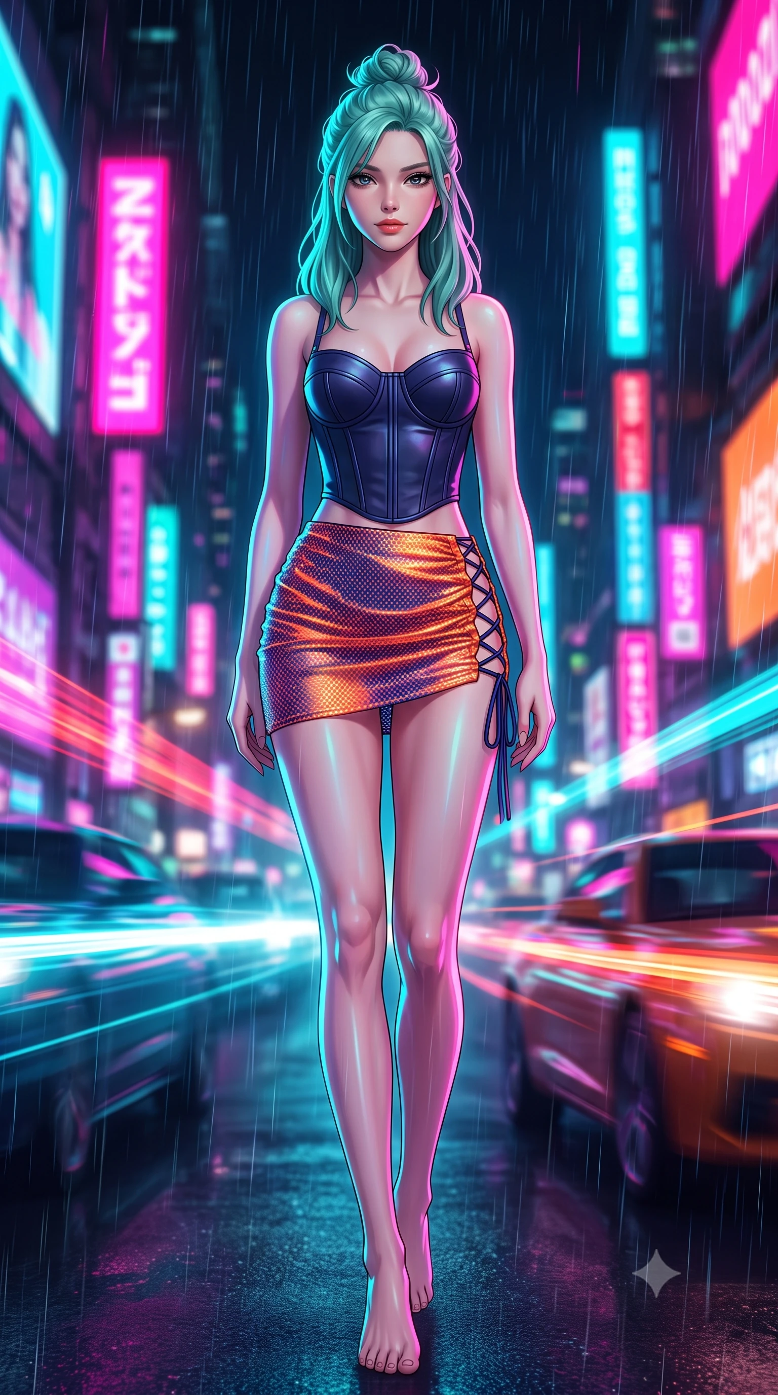 score_9, masterpiece, best quality, ultra-detailed, high-budget anime keyframe, semi-realistic 3D game render, editorial fashion photography, tasteful artistic composition, Japanese woman. low angle full-body shot from head to toe showing her feet, filling the entire 9:16 vertical frame with her statuesque presence, stretching her vertical silhouette. stepping slowly toward the camera with hypnotic grace, hips swaying in an alluring sensual rhythm that accentuates her curvy hourglass silhouette and long slender legs while twisting her slender torso in an alluring S-curve, neon billboards casting vibrant magenta and cyan streaks across her narrow waist and hips. The background shows a soft-focus speeding car light trails, towering neon skyscraper advertisements, and misty night rain blurred into electric fuchsia, cyan, and amber bokeh. She has an absolutely perfect, statuesque 8.5-heads proportion, an exceptionally tall and slender model-like female figure with impossibly long slender legs, an ultra-slim waist, a flat toned midriff, narrow delicate ribcage, and beautifully sculpted feminine hips creating a graceful, slim hourglass silhouette without any bulky heaviness. sharp v-shaped jawline, high-bridge nose, sparkling eyes with hypnotic seductive depth, thick curled eyelashes, glossy parted lips with a natural dewy peach sheen, alluring bedroom-eyes with an enchanting coquettish smile, exuding magnetic siren charisma and sophisticated glamour, flawlessly proportioned anatomical accuracy, strict slender model proportions, natural body alignment, perfectly sculpted long slender limbs, ultra-slim waistline, clean dynamic posture without body distortion. wearing a structured boned leatherette corset top paired with an ultra-short ruched neon mini skirt in sunset tangerine orange and deep navy indigo, crafted from shimmering fluid chainmail mesh reflecting ambient neon lights, featuring fine criss-cross lace-up side ties revealing tantalizing glimpses of her hip curve, the glove-like clinging cut tightly following the natural contour of her hips and long slender legs with youthful 8.5-heads elegance. illuminated by passing car headlight streaks and sharp electric-cyan rim lights defining her razor-sharp jawline, narrow waist, and curvy hips. highly saturated vibrant anime colors, detailed shading with soft gradients, rich glossy textures, high-contrast stereoscopic depth, volumetric dynamic lighting, master piece, 9:16 ratio