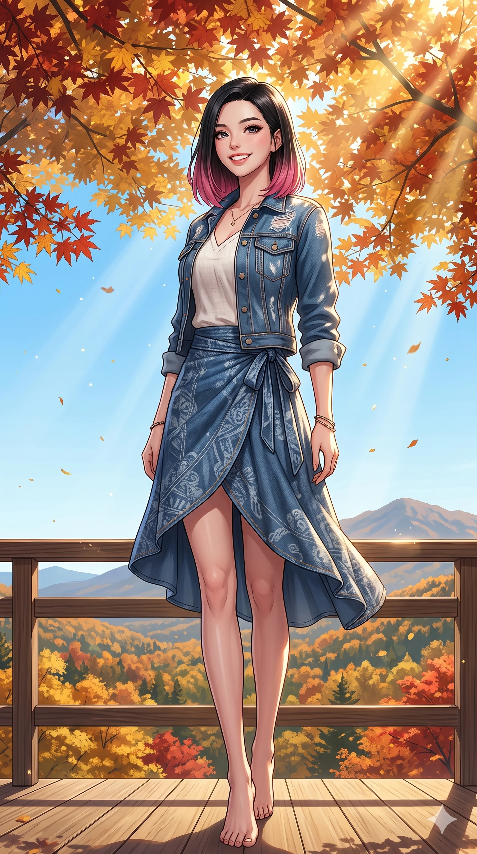 score_9, masterpiece, best quality, ultra-detailed, high-budget anime keyframe, vibrant anime aesthetic, Korean woman. low angle full-body shot from head to toe showing her feet, filling the entire 9:16 vertical frame with her statuesque presence, stretching her vertical silhouette. She is standing tall, looking over her shoulder with a radiant, smiling expression in the sun by a mountain resort deck overlooking an autumn forest valley at noon (Code-P21-030). She has an absolutely perfect 8-heads proportion, an exceptionally tall and slender female figure with impossibly long slender legs and an ultra-slim waist. V-shaped jawline, high-bridge nose, intricate jewel-like eyes with depth, thick eyelashes, glossy lips with a natural sheen. wearing a modern denim jacket over a linen top and wrap skirt. She is soft gold sunbeams filtered through autumn maples, creating a mystical and elegant glow. 2k, ultra detail, master piece, 9:16 ratio