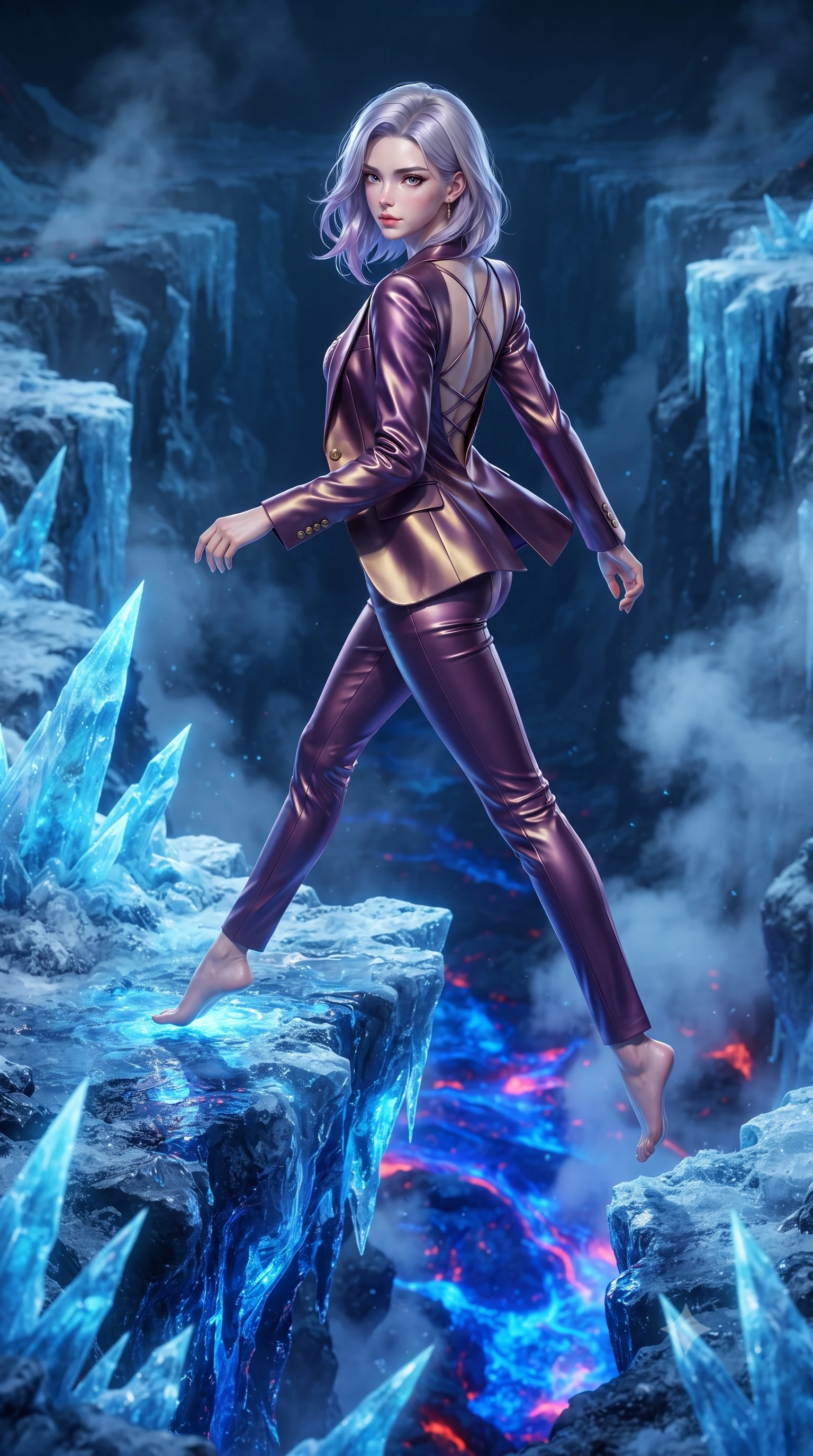 score_9, masterpiece, best quality, ultra-detailed, high-budget anime keyframe, editorial fashion photography, tasteful artistic composition, Caucasian woman. low angle full-body shot from head to toe showing her feet, filling the entire 9:16 vertical frame with her statuesque presence, stretching her vertical silhouette. leaping gracefully through the environment with statuesque elegance and long slender legs poised on a frozen volcanic ash cliff reflecting intense blue magmatic light, striking contrast of sub-zero blue ice crystals and hot cobalt blue magma. She has an absolutely perfect, statuesque 8.5-heads proportion, an exceptionally tall and slender model-like female figure with impossibly long slender legs and an ultra-slim waist. sharp v-shaped jawline, high-bridge nose, intricate jewel-like eyes with depth, thick eyelashes, glossy lips with a natural sheen. wearing a tailored silk blazer over a form-contouring top and fitted slacks in plum purple and gold filigree, crafted from lustrous satin jersey with fluid draping, complemented by criss-cross back straps highlighting her bare shoulders, the form-contouring material highlighting her ultra-slim waist and long lines. surrounded by an extraordinary elemental clash radiance. ultra-reflective glossy finish, specular highlights, metallic sheen, high-contrast stereoscopic depth, volumetric dynamic lighting, 2k, ultra detail, master piece, 9:16 ratio