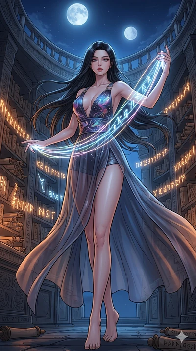 score_9, masterpiece, best quality, ultra-detailed, high-budget anime movie keyframe, cinematic anime lighting, intricate line art, Korean anime girl. Low angle cowboy shot filling the entire 9:16 frame with her statuesque presence. weaving threads o