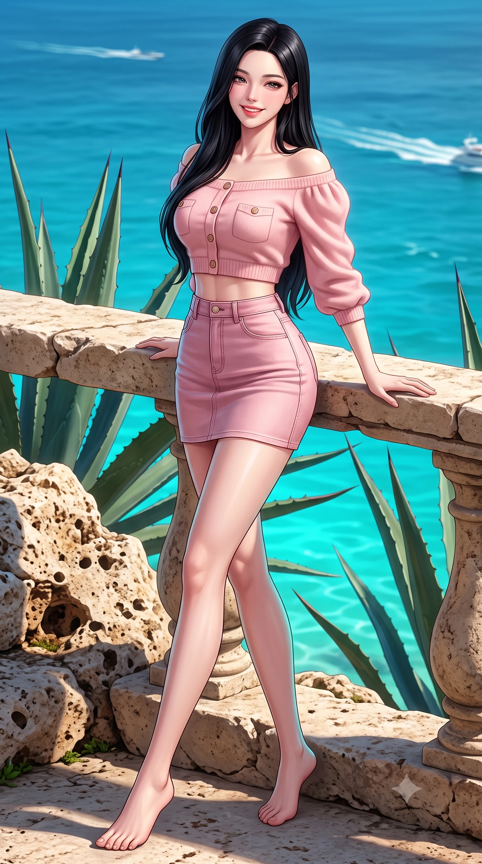 score_9, masterpiece, best quality, ultra-detailed, high-budget anime keyframe, semi-realistic 3D game render, editorial fashion photography, tasteful artistic composition, Korean woman. low angle full-body shot from head to toe showing her feet, filling the entire 9:16 vertical frame with her statuesque presence, stretching her vertical silhouette. stepping forward gracefully in mid-motion with a radiant beaming smile, hips swaying in an alluring kinetic rhythm that accentuates her curvy hourglass silhouette and long slender legs while leaning back against the rustic limestone terrace railing with hips cocked back, looking over her shoulder with an alluring, luxurious bedroom-gaze. The surrounding environment is rendered in vivid detail and crisp panoramic clarity. sharp agave leaf thorn textures, porous limestone rock textures, and yacht wake lines in deep focus. She has an exceptionally tall and slender model-like 8.5-heads proportion, an ultra-slim waist, a flat toned midriff, narrow delicate ribcage, and beautifully sculpted feminine hips creating a graceful, slim hourglass silhouette without any bulky heaviness, with impossibly long slender legs. sharp v-shaped jawline, high-bridge nose, intricate jewel-like sparkling eyes with depth, thick eyelashes, glossy parted lips with a natural peach sheen, bright cheerful beaming smile with an enchanting and coquettish sensual glint, exuding both youthful cute charm and seductive allure, flawlessly proportioned anatomical accuracy, strict slender model proportions, natural body alignment, perfectly sculpted long slender limbs, ultra-slim waistline, clean dynamic posture without body distortion. wearing an off-shoulder puff-sleeve crop blouse with a tight high-waisted denim A-line mini skirt emphasizing her curvy hips in cherry blossom pink and soft rose gold, crafted from soft cozy cashmere yarn with an airy drape, finished with neat front wooden buttons and delicate pocket details, the glove-like silhouette tightly following the natural contour of her hips and long slender legs with youthful 8.5-heads elegance. illuminated by radiant turquoise sea bounce fill sharply carving her razor-sharp jawline, narrow waist, and curvy hips. highly saturated vibrant anime colors, detailed shading with soft gradients, rich glossy textures, high-contrast stereoscopic depth, volumetric dynamic lighting, master piece, 9:16 ratio