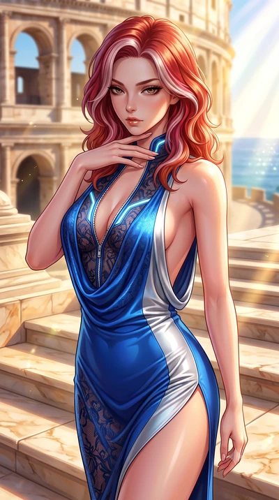 score_9, masterpiece, best quality, ultra-detailed, high-budget anime keyframe, semi-realistic 3D game render, editorial fashion photography, tasteful artistic composition, Caucasian woman. close-up cowboy shot from the waist and thighs up, the chara