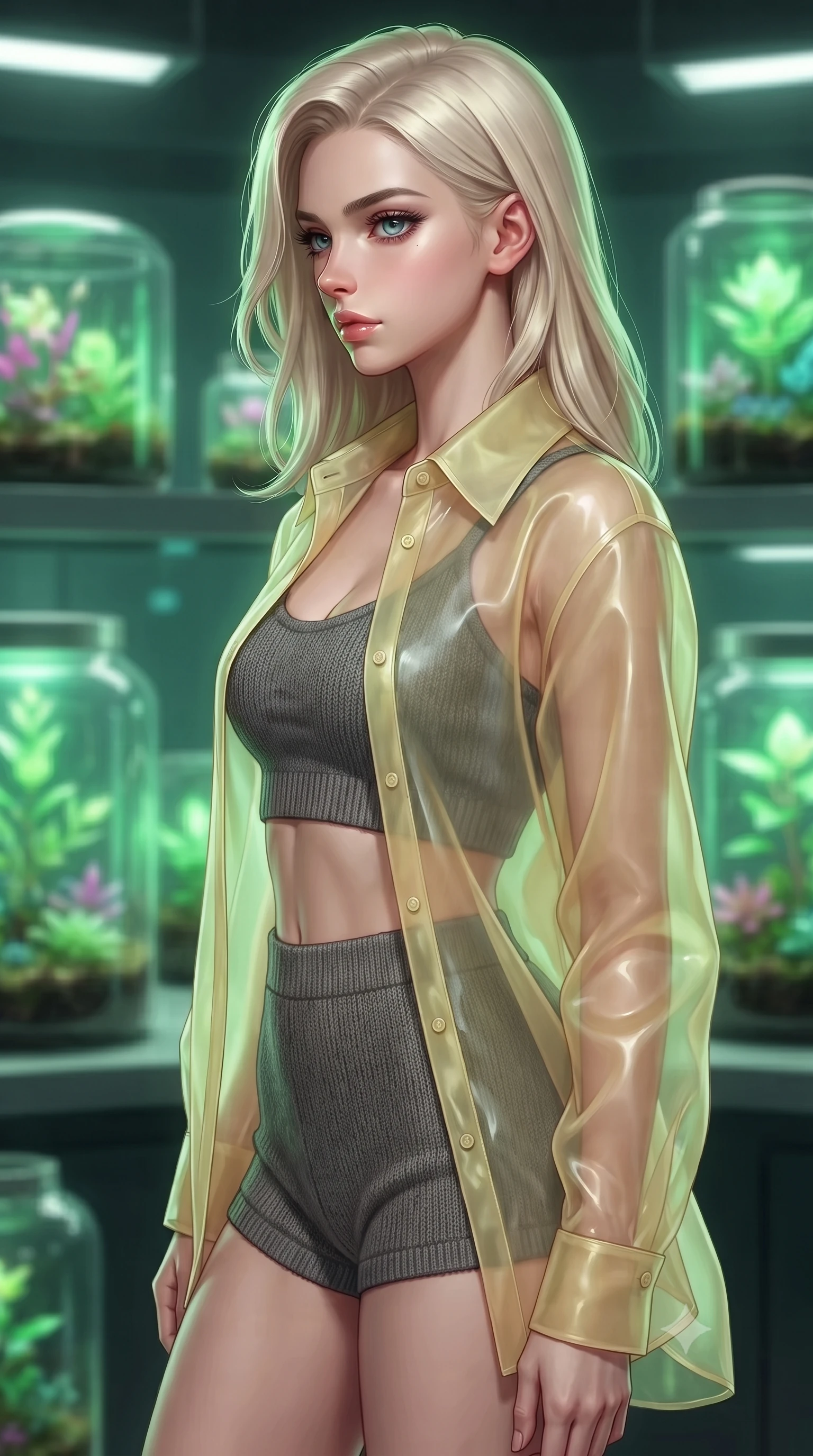 score_9, masterpiece, best quality, ultra-detailed, high-budget anime keyframe, editorial fashion photography, tasteful artistic composition, Caucasian woman. close-up cowboy shot from the waist and thighs up, the character dominates the composition, filling the frame with her large presence, background elements kept in soft focus. turning her face in sharp profile, casting a cold, mysterious, yet intensely alluring side gaze, the background shows a soft-focus a futuristic botanical laboratory with glass terrariums and glowing green indicators. She has an exceptionally elegant, slender, and willowy female figure with an ultra-slim waist, a gracefully sculpted slender torso, and a refined silhouette. sharp v-shaped jawline, high-bridge nose, intricate jewel-like eyes with depth, thick eyelashes, glossy lips with a natural sheen. wearing a tailored sheer organza shirt in pale yellow worn open over a knit crop top and micro-shorts. soft emerald glow radiating from terrariums onto her features. highly saturated vibrant anime colors, detailed shading with soft gradients, rich glossy textures, high-contrast stereoscopic depth, volumetric dynamic lighting, master piece, 9:16 ratio
