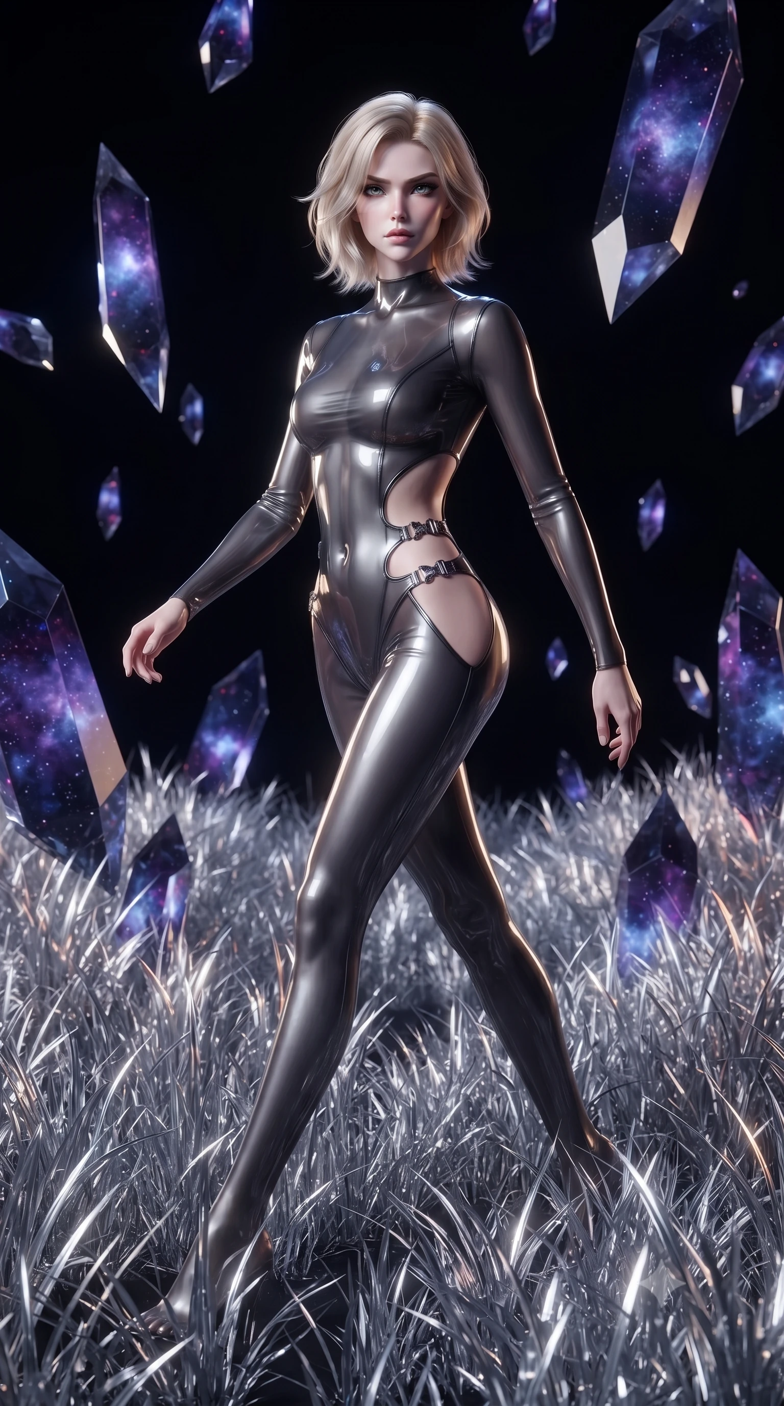score_9, masterpiece, best quality, ultra-detailed, High-budget Anime Keyframe, editorial fashion photography, tasteful artistic composition, realistic cosplay photography, Caucasian woman, strictly human ears. Dynamic full-body shot stretching the vertical silhouette to the limit. Scenario 391: walking through a field of tall silver grass at a dark void filled with floating crystal shards reflecting purple nebulae. Her presence is magnetic and overpowering in this high-budget cinematic scene. Outfit 391: a tailored translucent PVC liquid with a strategic side cut-outs and metallic buckles. The clothing is designed to emphasize her exceptionally tall and slender 8-heads proportion. 8-heads proportion, towering silhouette, ultra-slim waist. sharp v-shaped jawline, intricate jewel-like eyes with depth, thick eyelashes, glossy lips. ultra-reflective glossy finish, specular highlights, metallic sheen, high-contrast stereoscopic depth, volumetric dynamic lighting, 2k, ultra detail, master piece, 9:16 ratio