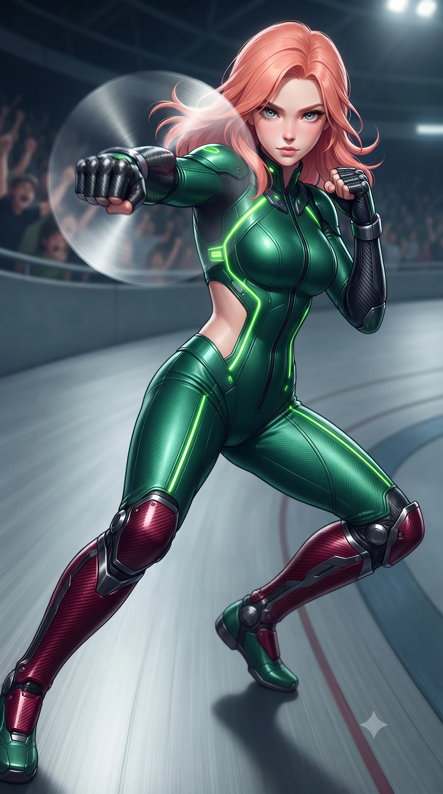 score_9, masterpiece, best quality, ultra-detailed, high-budget anime keyframe, editorial fashion photography, tasteful artistic composition, Japanese woman. close-up cowboy shot from the waist and thighs up, the character dominates the composition, filling the frame with her large presence. thrusting a high-speed kinetic punch toward the camera, a visible conical shockwave distortion wrapping around her sleek carbon forearm while sliding along the banked track with effortless poise, her long slender legs extended in an agile low-profile drift. The composition keeps background elements in soft focus with creamy bokeh. banked steel track curves and cheering spectator silhouettes softened in moody shallow focus. She has an exceptionally elegant, slender, and willowy female figure with an ultra-slim waist, a gracefully sculpted slender torso, toned flat midriff, and a refined slim silhouette. sharp v-shaped jawline, high-bridge nose, intricate jewel-like eyes with depth, thick eyelashes, glossy lips with a natural sheen, flawlessly proportioned anatomical accuracy, strict slender model proportions, natural body alignment, perfectly sculpted long slender limbs, ultra-slim waistline, clean dynamic posture without body distortion. wearing a tailored emerald-green carbon-fiber tactical jumpsuit with glowing lime LED channels, open cowl back, and reinforced combat shin-guards in deep crimson carbon weave with specular dark chrome accents, made of lightweight aerodynamic carbon-titanium alloy with polished edge bevels, detailed with magnetic knuckle shock-absorbers and polished chrome articulation joints, the precision-cut daring openings accentuating her delicate midriff, graceful bare collarbones, and ultra-slim feminine waistline. illuminated by crisp white key lighting with sharp specular highlights tracing her sculpted athletic curves. ultra-reflective glossy finish, specular highlights, dark metallic sheen, high-contrast stereoscopic depth, volumetric dynamic lighting, 2k, ultra detail, master piece, 9:16 ratio
