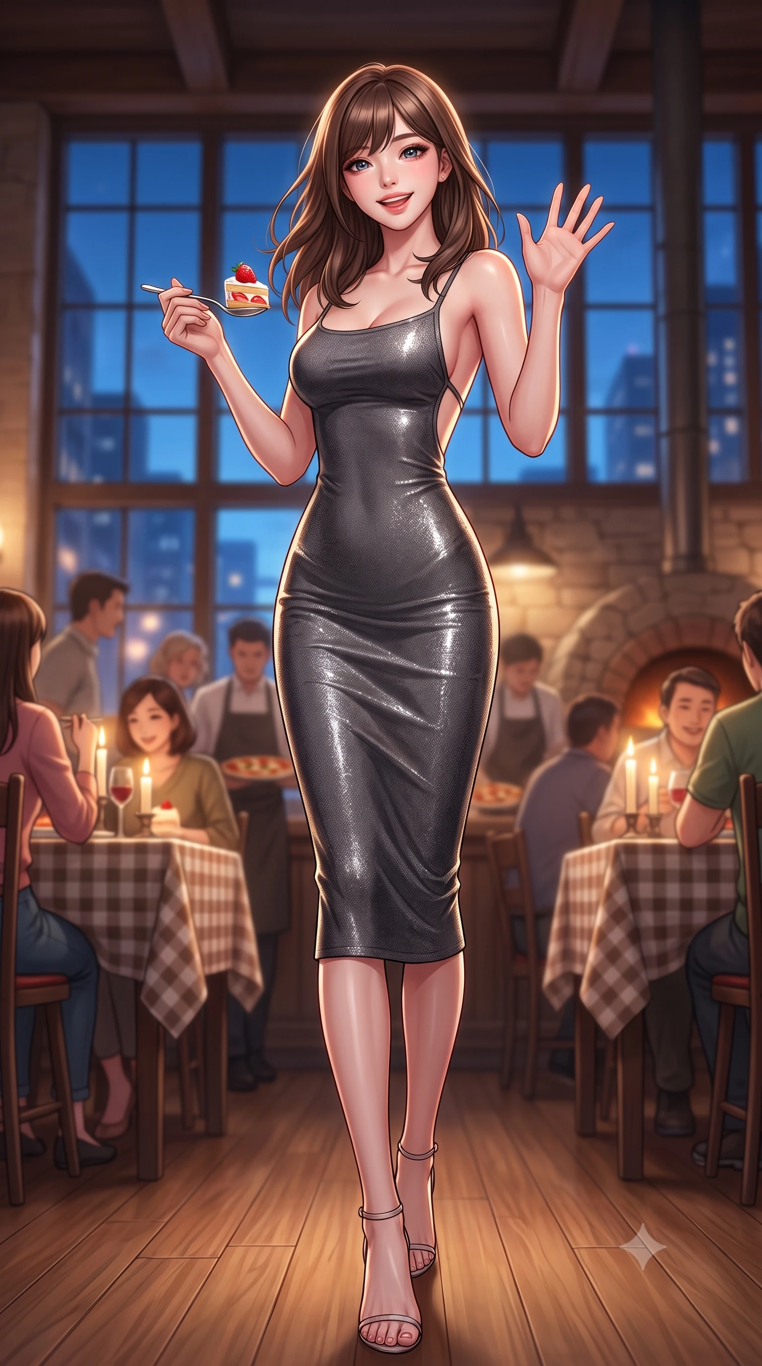 score_9, masterpiece, best quality, ultra-detailed, high-budget anime keyframe, editorial fashion photography, tasteful artistic composition, Korean woman. low angle full-body shot from head to toe showing her feet, filling the entire 9:16 vertical frame with her statuesque presence, stretching her vertical silhouette. stepping forward with a bright, cheerful smile, waving happily at the viewer set against a soft-focus background of inside a warm family restaurant filled with the smell of fresh pizza holding a spoon with a bite of strawberry cake, smiling happily at the camera. She has an absolutely perfect, statuesque 8.5-heads proportion, an exceptionally tall and slender model-like female figure with impossibly long slender legs and an ultra-slim waist. sharp v-shaped jawline, high-bridge nose, intricate jewel-like eyes with depth, thick eyelashes, glossy lips with a natural sheen. wearing slim-fit body-hugging knit midi dress with a tasteful open-back design and thin straps. soft candle light clashing with the cool blue city twilight sky outside. ultra-reflective glossy finish, specular highlights, metallic sheen, high-contrast stereoscopic depth, volumetric dynamic lighting, 2k, ultra detail, master piece, 9:16 ratio