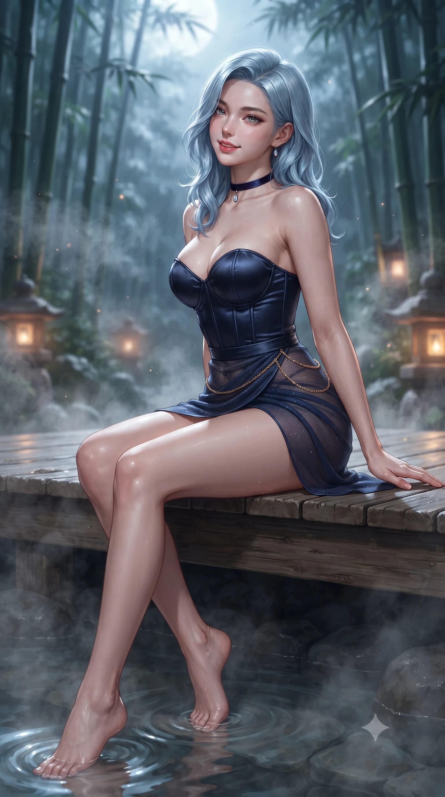 score_9, masterpiece, best quality, ultra-detailed, high-budget anime keyframe, editorial fashion photography, tasteful artistic composition, Korean woman. low angle full-body shot from head to toe showing her feet, filling the entire 9:16 vertical frame with her statuesque presence, stretching her vertical silhouette. walking along the terrace with poise, looking back over her bare shoulder with an irresistible smoldering bedroom-gaze while sitting perched on the wooden onsen deck with legs dipped in steaming thermal water, flashing an enchanting, flirtatious smile. The background shows a soft-focus towering moonlit bamboo groves, rising thermal steam clouds, and stone garden lanterns blurred into jade, silver, and warm amber bokeh. She has an exceptionally tall and slender model-like 8.5-heads proportion, an ultra-slim waist, a flat toned midriff, narrow delicate ribcage, and beautifully sculpted feminine hips creating a graceful, slim hourglass silhouette without any bulky heaviness, with impossibly long slender legs. sharp v-shaped jawline, high-bridge nose, intricate jewel-like sparkling eyes with depth, thick eyelashes, glossy parted lips with a natural peach sheen, bright cheerful beaming smile with an enchanting and coquettish sensual glint, exuding both youthful cute charm and seductive allure, flawlessly proportioned anatomical accuracy, strict slender model proportions, natural body alignment, perfectly sculpted long slender limbs, ultra-slim waistline, clean dynamic posture without body distortion. wearing a sculpted underwire demi-bustier in satin paired with an ultra-short draped wrap tulip skirt and gold hip chain in deep midnight navy and liquid starlight chrome, made of semi-opaque stretch illusion mesh with soft shadowy contours along her waist, finished with a thin velvet ribbon choker and a single teardrop diamond pendant, the high-slit wrap tailoring accentuating her ultra-slim waistline and the enchanting curve of her feminine hips with alluring seductive charm. bathed in mystical cool silver moonlight filtering through swaying bamboo leaves combined with warm 2700K stone lantern glow. ultra-reflective glossy finish, specular highlights, rich textural contrasts, high-contrast stereoscopic depth, volumetric dynamic lighting, 2k, ultra detail, master piece, 9:16 ratio