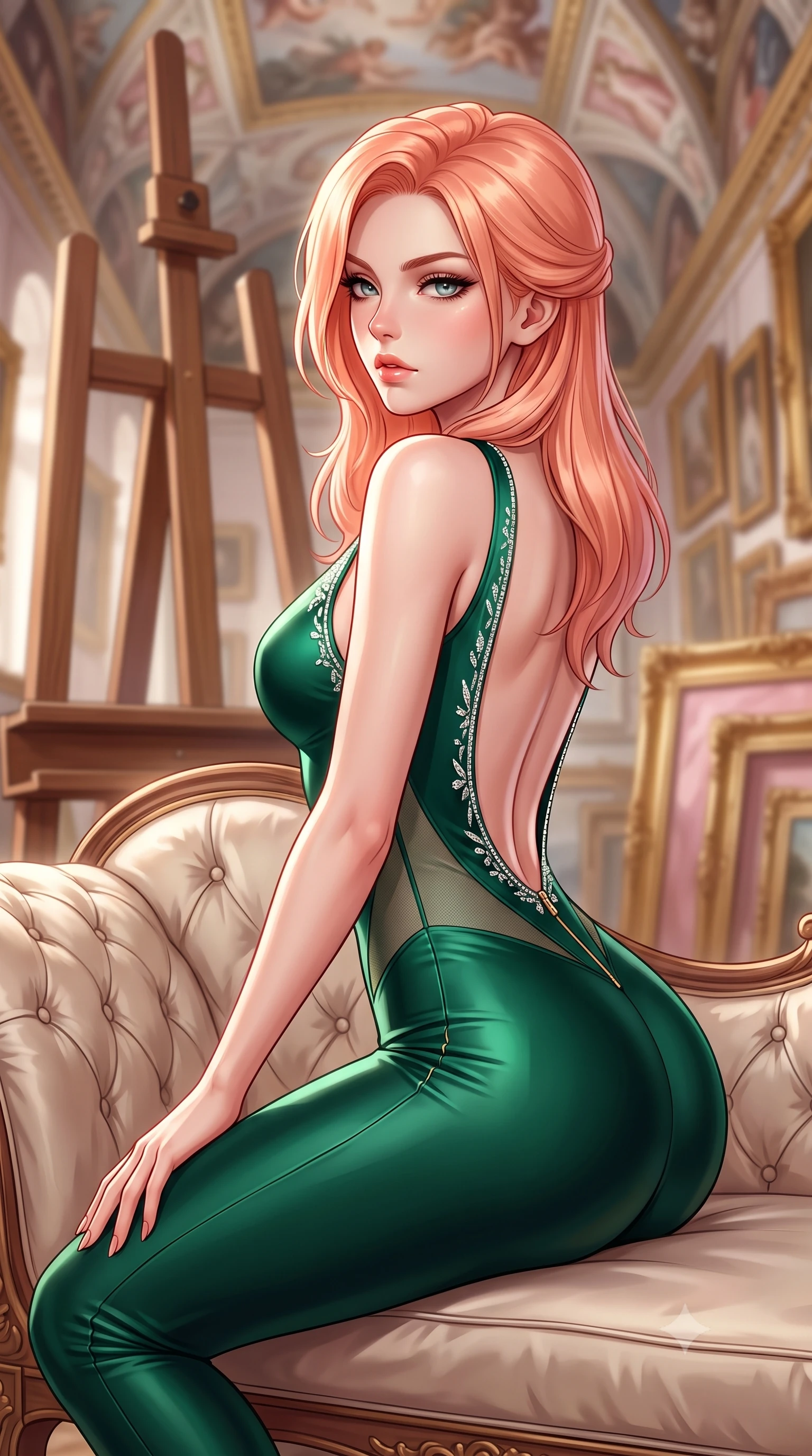 score_9, masterpiece, best quality, ultra-detailed, high-budget anime keyframe, semi-realistic 3D game render, editorial fashion photography, tasteful artistic composition, Japanese woman. close-up cowboy shot from the waist and thighs up, the character dominates the composition, filling the frame with her large presence. twisting her slender torso in a deep contrapposto stance, hips dramatically shifted to accentuate her feminine curves while looking past her shoulder with smoldering bedroom-eyes while reclining languidly on an antique tufted silk chaise lounge before a colossal Renaissance easel, arching her back with supermodel grace. The composition keeps background elements in soft focus with creamy bokeh. towering Renaissance ceiling frescoes and gilded painting frames blurred into antique gold, soft rose, and alabaster bokeh. She has an exceptionally elegant, slender, and willowy female figure with an ultra-slim waist, flat toned midriff, narrow ribcage, and sculpted feminine hips creating an alluring, slim hourglass silhouette without bulk. sharp v-shaped jawline, high-bridge nose, intricate jewel-like eyes with depth, thick eyelashes, glossy parted lips with a natural sheen, intensely captivating and seductive bedroom-eyes expression, flawlessly proportioned anatomical accuracy, strict slender model proportions, natural body alignment, perfectly sculpted long slender limbs, ultra-slim waistline, clean dynamic posture without body distortion. wearing a second-skin compression catsuit with an open back and sheer mesh side waist contouring in deep emerald green satin and gold hardware, tailored from liquid silk jersey adhering flawlessly to her slender build, finished with delicate crystal frost embroidery tracing the plunging neckline, the dramatically scooped open back descending to the base of her spine, accentuating her razor-sharp statuesque lines and slim hourglass silhouette. illuminated by crisp sculptural key lighting carving her narrow waist, curved hips, and statuesque limbs. highly saturated vibrant anime colors, detailed shading with soft gradients, rich glossy textures, high-contrast stereoscopic depth, volumetric dynamic lighting, master piece, 9:16 ratio