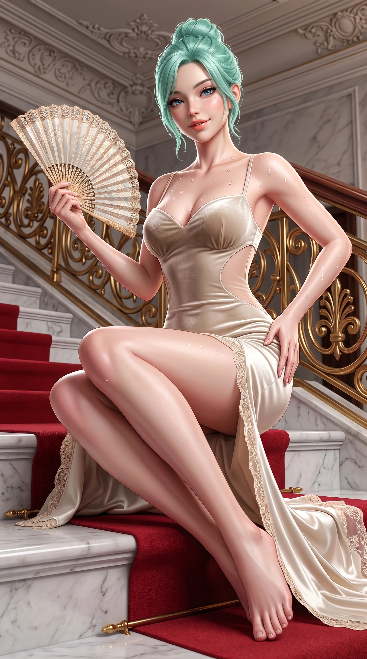 score_9, masterpiece, best quality, ultra-detailed, high-budget anime keyframe, semi-realistic 3D game render, editorial fashion photography, tasteful artistic composition, Japanese woman. close-up cowboy shot from the waist and thighs up, the character dominates the composition, filling the frame with her large presence. tilting her head with a teasing half-smile, running one hand slowly down the side of her hip in a flirtatious S-curve as ambient light caresses her silhouette while sitting poised on the red-carpeted marble landing with legs extended, holding a silk fan with effortless aristocratic allure. The surrounding environment is rendered in vivid detail and crisp panoramic clarity: sharp white marble stair treads, intricate gilded bronze baluster scrollwork, and ceiling stucco details in deep focus. She has an exceptionally elegant, slender, and willowy female figure with an ultra-slim waist, flat toned midriff, narrow ribcage, and sculpted feminine hips creating an alluring, slim hourglass silhouette without bulk. sharp v-shaped jawline, high-bridge nose, sparkling eyes with hypnotic seductive depth, thick curled eyelashes, glossy parted lips with a natural dewy peach sheen, alluring bedroom-eyes with an enchanting coquettish smile, exuding magnetic siren charisma and sophisticated glamour, flawlessly proportioned anatomical accuracy, strict slender model proportions, natural body alignment, perfectly sculpted long slender limbs, ultra-slim waistline, clean dynamic posture without body distortion. wearing a deep sweetheart-neckline velvet bodycon dress with sheer side-torso cutouts accentuating her hourglass curves in Austrian royal ivory and champagne lace, crafted from fluid liquid silk satin that clings smoothly to every curve with a dewy sheen, finished with glistening drops of lagoon or spa water beading across her sculpted shoulders and collarbones, the form-contouring silhouette accentuating her sculpted flat midriff, narrow delicate ribcage, and gracefully curvy hips with intoxicating allure. illuminated by polished marble reflection fill and sharp platinum-gold rim lights defining her delicate clavicles, ultra-slim waist, and curvy hips. highly saturated vibrant anime colors, detailed shading with soft gradients, rich glossy textures, high-contrast stereoscopic depth, volumetric dynamic lighting, master piece, 9:16 ratio