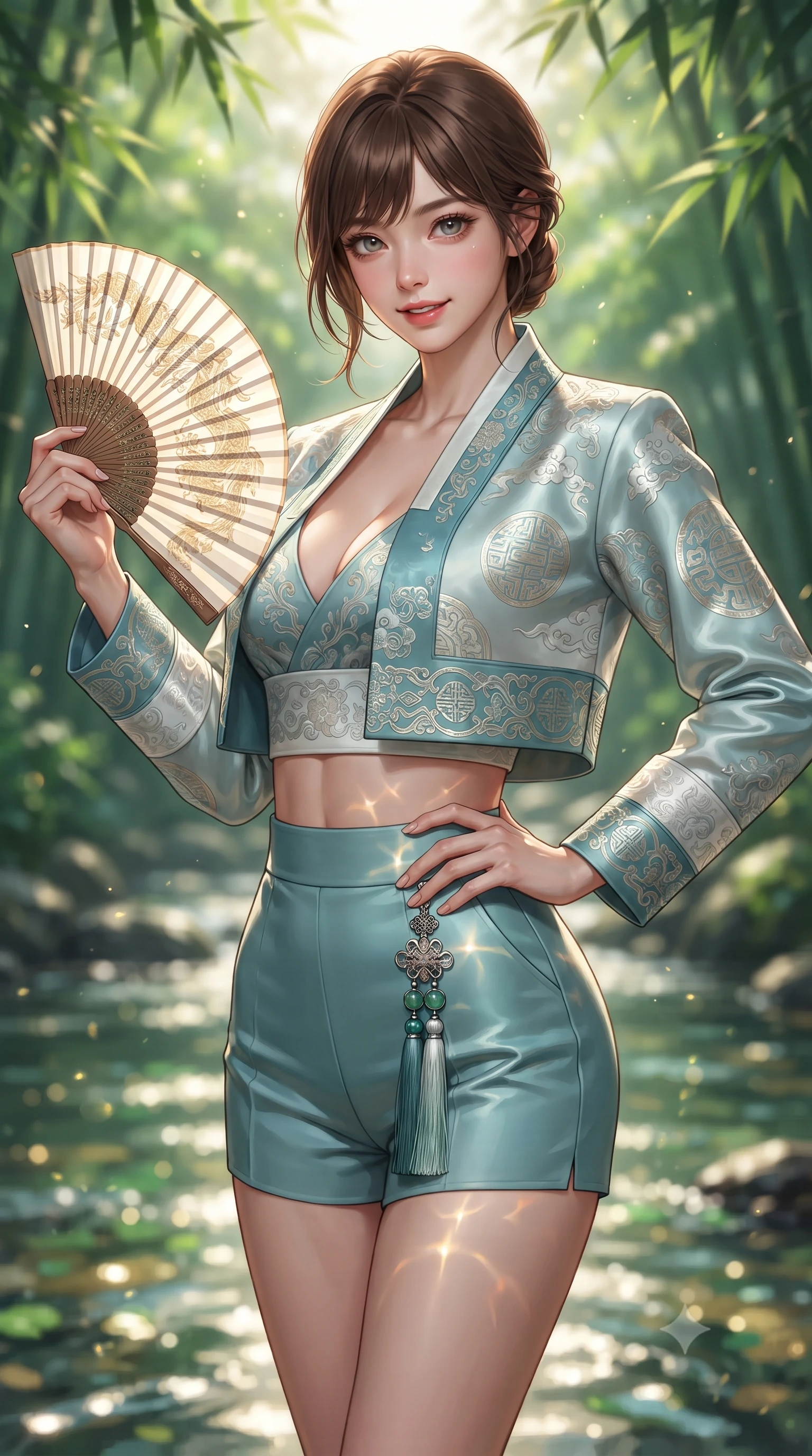 score_9, masterpiece, best quality, ultra-detailed, high-budget anime keyframe, editorial fashion photography, tasteful artistic composition, Korean woman. close-up cowboy shot from the waist and thighs up, the character dominates the composition, filling the frame with her large presence. twisting her slender torso in an alluring contrapposto stance, one hand resting on her sculpted hip while holding a traditional silk folding fan with effortless poise while twisting her slender torso in an alluring contrapposto stance, filtered sunbeams and water reflections dancing across her curvy hips and waist. The background shows a soft-focus soaring Damyang green bamboo canopies filtering dappled sunlight and rippling stream currents blurred into emerald, mint, and liquid gold bokeh. She has an exceptionally elegant, slender, and willowy female figure with an ultra-slim waist, flat toned midriff, narrow ribcage, and sculpted feminine hips creating an alluring, slim hourglass silhouette without bulk. sharp v-shaped jawline, high-bridge nose, intricate jewel-like dark sparkling almond eyes with depth, thick lashes, glossy parted lips with a natural rose-plum sheen, bright alluring and coquettish smile with bedroom-eyes, exuding both timeless oriental elegance and sovereign high-fashion allure, flawlessly proportioned anatomical accuracy, strict slender model proportions, natural body alignment, perfectly sculpted long slender limbs, ultra-slim waistline, clean dynamic posture without body distortion. wearing a cropped embroidered silk jacket worn over a plunging camisole top and tailored high-waisted hot-pants in pure celadon porcelain blue and cloud white, crafted from heavy fluid silk satin with a liquid mirror-like sheen, finished with an ornate modern norigae tassel with polished jade and chrome charms resting on her curvy hips, the form-fitting tailored bodice adhering flawlessly to her sculpted flat midriff and slender torso, emphasizing her long leg lines and perfectly proportioned willowy build. bathed in dappled golden morning sunbeams filtering through dense green bamboo leaves. ultra-reflective glossy finish, specular highlights, rich textural contrasts, high-contrast stereoscopic depth, volumetric dynamic lighting, 2k, ultra detail, master piece, 9:16 ratio
