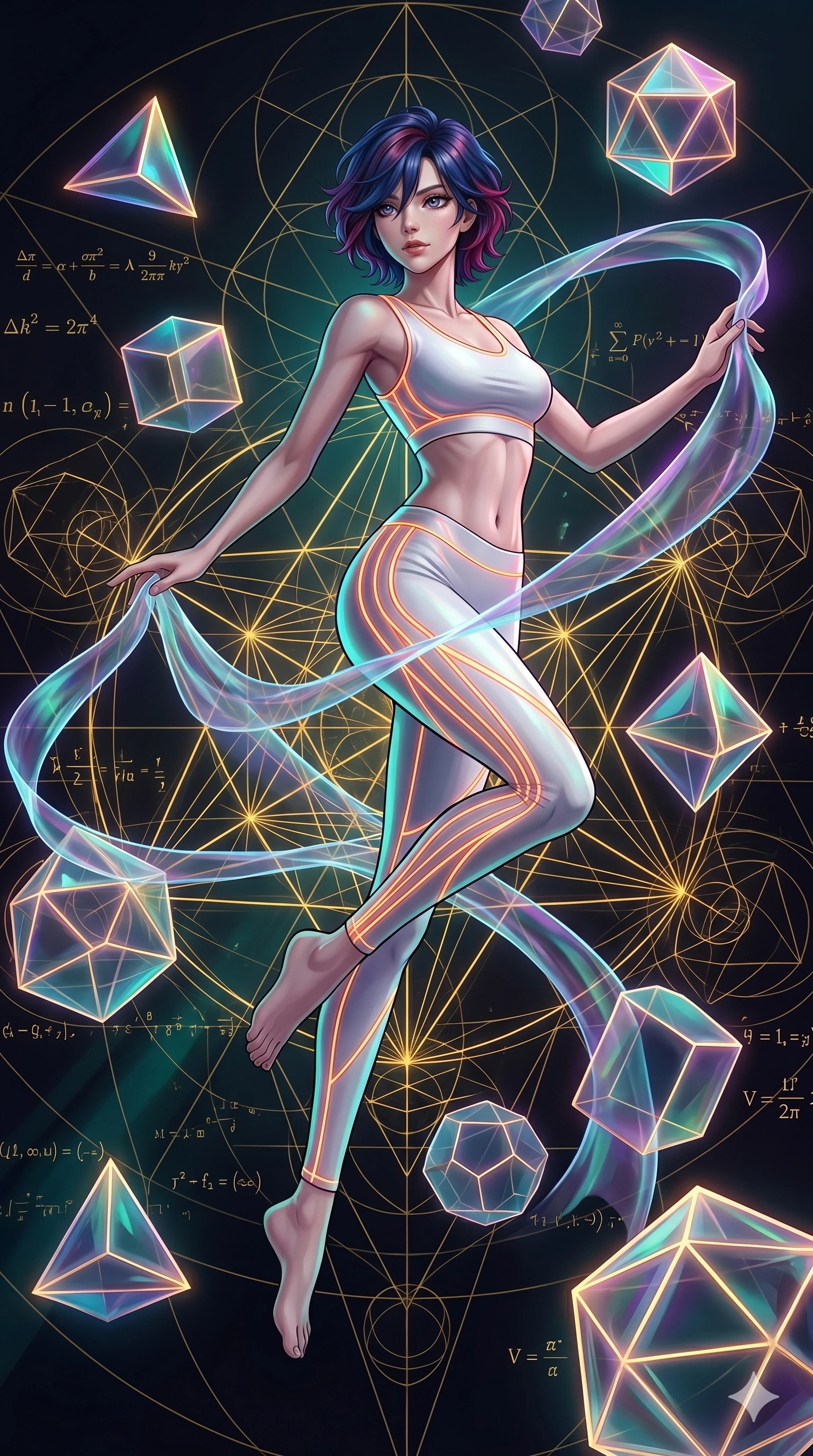 score_9, masterpiece, best quality, ultra-detailed, high-budget anime keyframe, Caucasian woman, strictly human ears. low angle full-body shot filling the entire 9:16 frame with her statuesque presence, stretching the vertical silhouette. floating gracefully in a mathematical mandala void filled with golden geometric lines of complex formulas, holding a translucent ribbon as she glides between floating regular polyhedrons. She has an absolutely perfect 8-heads proportion, an exceptionally tall and slender female figure with impossibly long slender legs and an ultra-slim waist. V-shaped jawline, high-bridge nose, intricate jewel-like eyes with depth, thick eyelashes, glossy lips with a natural sheen.. wearing a neon filament athleisure set, featuring a tight white crop top and matching leggings woven with glowing orange neon filaments, highlighting her slender body contour. accented by dynamic color-blocked lighting with high-contrast shadows emphasizing her statuesque height. 2k, ultra detail, master piece, 9:16 ratio