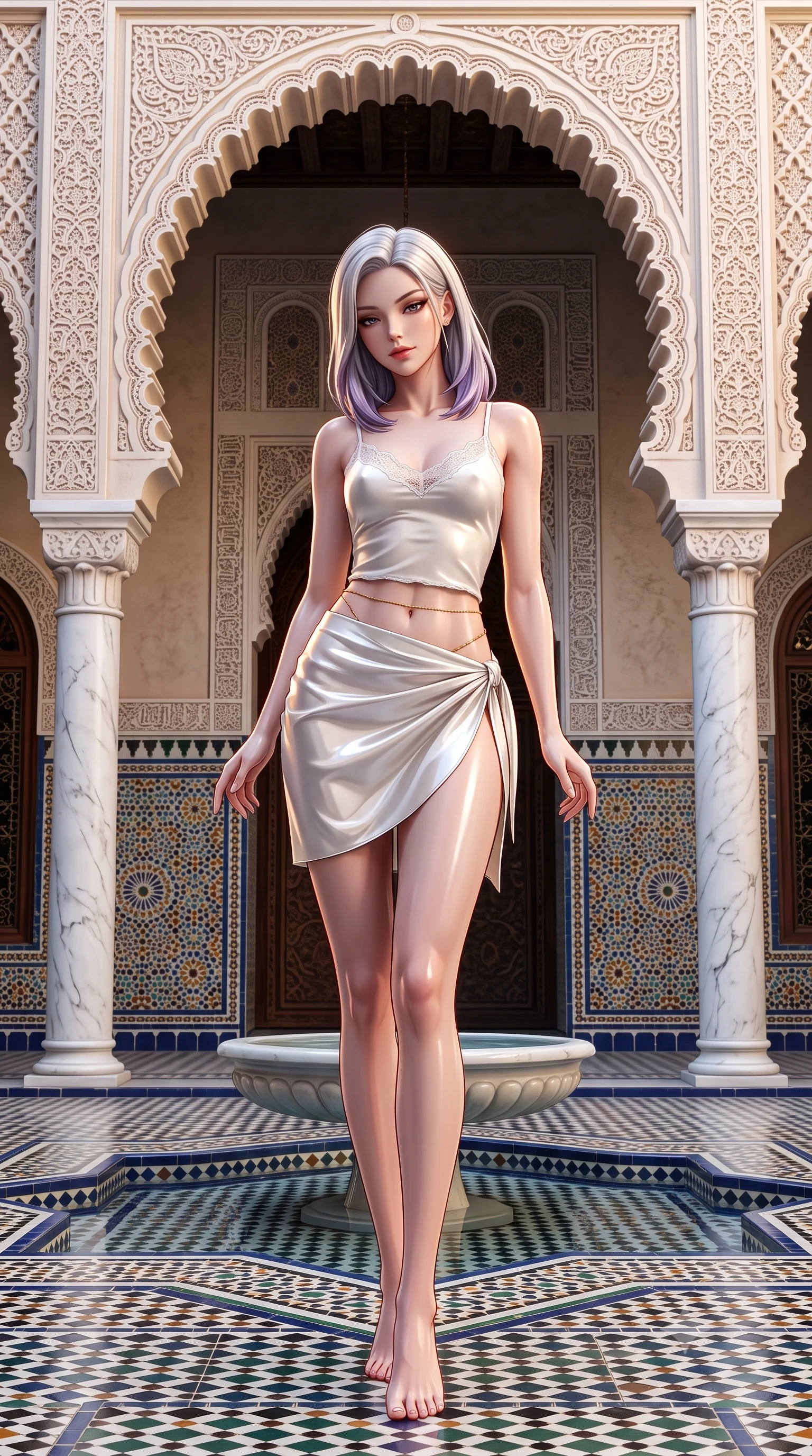 score_9, masterpiece, best quality, ultra-detailed, high-budget anime keyframe, semi-realistic 3D game render, editorial fashion photography, tasteful artistic composition, Caucasian woman. low angle full-body shot from head to toe showing her feet, filling the entire 9:16 vertical frame with her statuesque presence, stretching her vertical silhouette. lounging on the lavish daybed with legs crossed and hips angled toward the camera, displaying her toned midriff and long slender limbs with effortless siren poise while standing framed under the monumental carved stucco horseshoe arch, arching her back with regal siren allure above the reflecting fountain pool. The surrounding environment is rendered in vivid detail and crisp panoramic clarity: sharp zellij geometric mosaic tile seams, carved stucco lace fretwork on arches, and white Carrara marble column veins in deep focus. She has an absolutely perfect, statuesque 8.5-heads proportion, an exceptionally tall and slender model-like female figure with impossibly long slender legs, an ultra-slim waist, a flat toned midriff, narrow delicate ribcage, and beautifully sculpted feminine hips creating a graceful, slim hourglass silhouette without any bulky heaviness. sharp v-shaped jawline, high-bridge nose, sparkling eyes with hypnotic seductive depth, thick curled eyelashes, glossy parted lips with a natural dewy peach sheen, alluring bedroom-eyes with an enchanting coquettish smile, exuding magnetic siren charisma and sophisticated glamour, flawlessly proportioned anatomical accuracy, strict slender model proportions, natural body alignment, perfectly sculpted long slender limbs, ultra-slim waistline, clean dynamic posture without body distortion. wearing a delicate lace-trimmed silk camisole paired with a draped satin wrap sarong mini skirt with high side slit in pure pearl alabaster with platinum sheen, crafted from wet-look high-gloss vinyl fabric with dazzling specular surface reflections, accented with a dainty gold belly chain resting across her flat midriff and curving hips, the precision-cut side openings and low-back scoop framing her graceful spine and the sensual sweep of her slim, toned hips. illuminated by water reflection bounce and sharp copper-gold rim lights sculpting her jawline, narrow waist, and voluptuous hip curves. highly saturated vibrant anime colors, detailed shading with soft gradients, rich glossy textures, high-contrast stereoscopic depth, volumetric dynamic lighting, master piece, 9:16 ratio