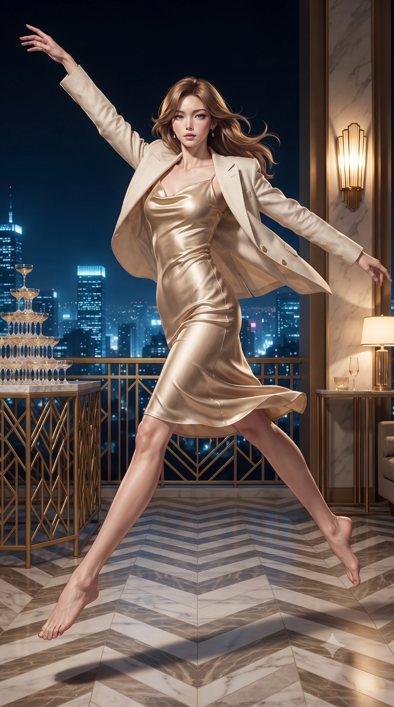 score_9, masterpiece, best quality, ultra-detailed, high-budget anime keyframe, editorial fashion photography, tasteful artistic composition, Korean woman. low angle full-body shot from head to toe showing her feet, filling the entire 9:16 vertical frame with her statuesque presence, stretching her vertical silhouette. leaping gracefully through a glamorous 1920s art deco penthouse terrace with gold geometric railings chevron-patterned marble floors towering champagne glass pyramids and the glittering city skyline stretching beyond the balustrade. She has a statuesque 8.5-heads proportion, an exceptionally tall, slender and willowy model-like build with impossibly long legs and a highly sculpted ultra-slim waist. sharp v-shaped jawline, high-bridge nose, intricate jewel-like eyes with depth, thick eyelashes, glossy lips with a natural sheen. wearing a champagne gold cowl-neck satin slip dress that drapes and clings to her slender figure, layered with a cream linen blazer. warm golden tungsten light from art deco wall sconces and table lamps with cool blue city lights providing a sophisticated background glow. 2k, ultra detail, master piece, 9:16 ratio