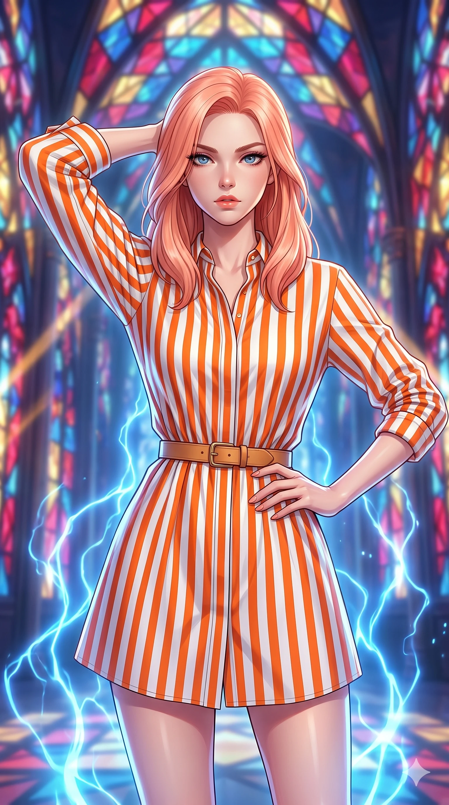 score_9, masterpiece, best quality, ultra-detailed, high-budget anime keyframe, editorial fashion photography, tasteful artistic composition, Japanese woman. close-up cowboy shot from the waist and thighs up, the character dominates the composition, filling the frame with her large presence, background elements kept in soft focus. Placing one hand behind her head with confident body language and a direct stare. set against a soft-focus background of a massive cathedral whose walls and vaulted ceiling are constructed entirely from intersecting beams of colored structured light forming geometric stained-glass patterns that hover without physical support. She has an exceptionally elegant and slender, willowy female figure with an ultra-slim waist, a gracefully sculpted slender torso, and a refined slim physique. sharp v-shaped jawline, high-bridge nose, intricate jewel-like eyes with depth, thick eyelashes, glossy lips with a natural sheen. wearing a crisp poplin shirt dress in vibrant orange and white vertical stripes, cinched at the waist with a tan leather belt. pulsing electric blue plasma arc lighting rising dramatically from below. 2k, ultra detail, master piece, 9:16 ratio