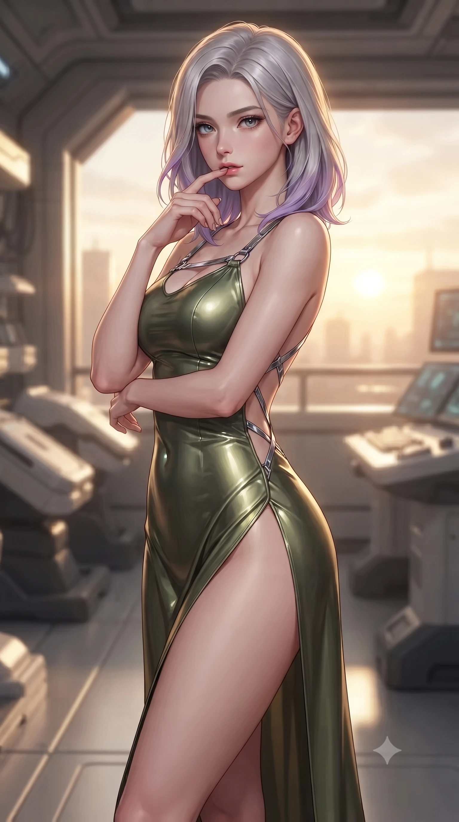 score_9, masterpiece, best quality, ultra-detailed, high-budget anime keyframe, editorial fashion photography, tasteful artistic composition, Caucasian woman. close-up cowboy shot from the waist and thighs up, the character dominates the composition, filling the frame with her large presence, background elements kept in soft focus. pressing one finger to her bottom lip in a thoughtful, composed gesture, locking eyes with the viewer, the background shows a soft-focus a private research balcony in a replicator facility at sunset. She has an exceptionally elegant, slender, and willowy female figure with an ultra-slim waist, a gracefully sculpted slender torso, and a refined silhouette. sharp v-shaped jawline, high-bridge nose, intricate jewel-like eyes with depth, thick eyelashes, glossy lips with a natural sheen. wearing a body-hugging dramatic open-back maxi combat dress in olive green, featuring a high thigh slit and chrome straps. late afternoon sun casting a majestic golden glow over the clean composite walls. ultra-reflective glossy finish, specular highlights, metallic sheen, high-contrast stereoscopic depth, volumetric dynamic lighting, 2k, ultra detail, master piece, 9:16 ratio