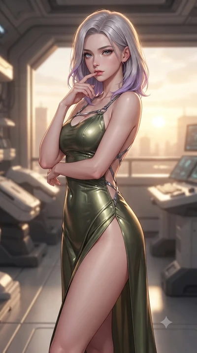 score_9, masterpiece, best quality, ultra-detailed, high-budget anime keyframe, editorial fashion photography, tasteful artistic composition, Caucasian woman. close-up cowboy shot from the waist and thighs up, the character dominates the composition,