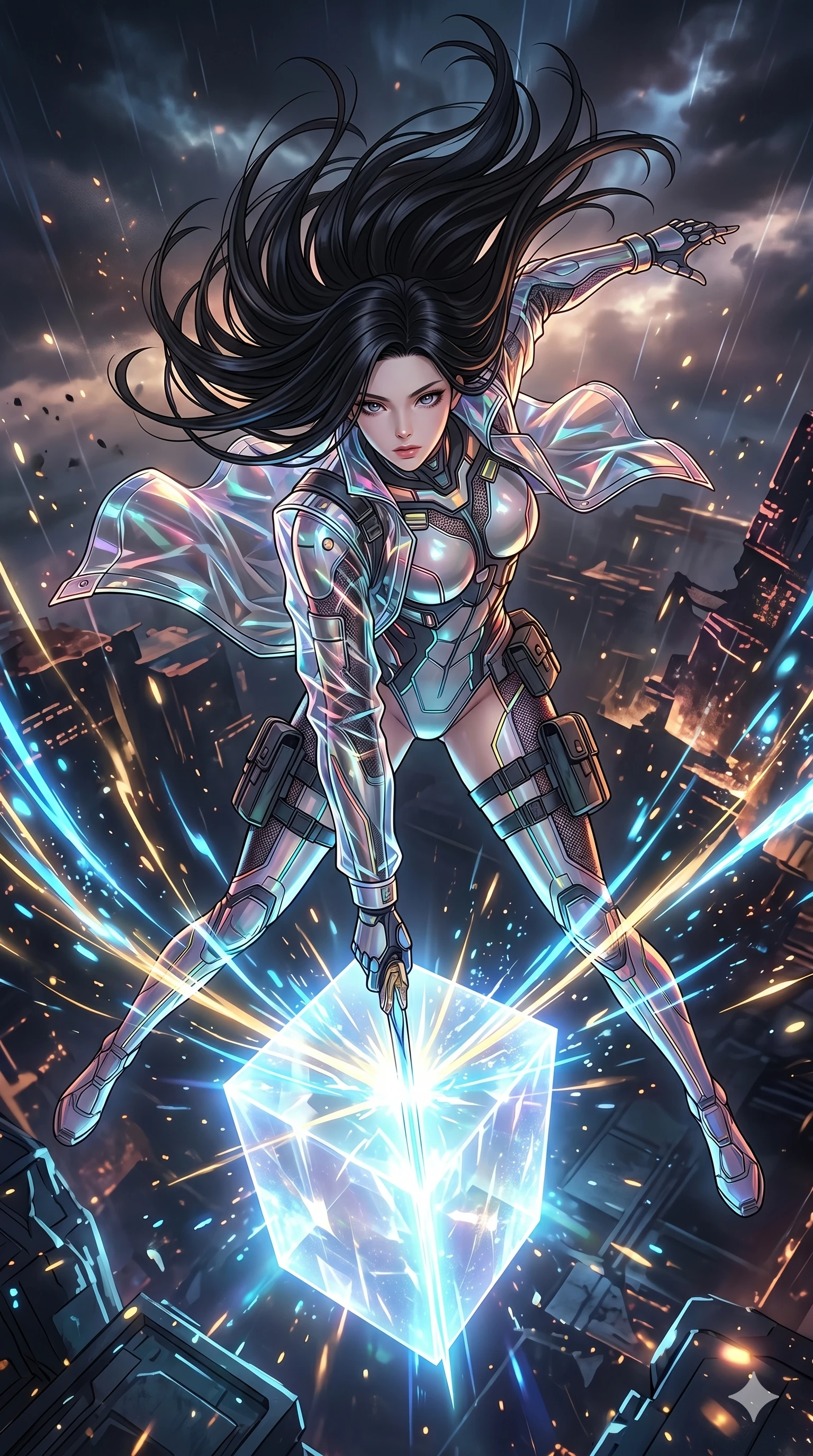score_9, masterpiece, best quality, ultra-detailed, high-budget anime movie keyframe, cinematic anime lighting, intricate line art, Japanese woman. Extreme high angle shot as she leaps towards the camera, filling the frame. drawing a sword from a block of pure, solid light. She has an absolutely perfect 8-heads proportion, an exceptionally tall and slender female figure with an ultra-slim waist and impossibly long slender legs. strictly human anatomy, two legs only, no extra limbs, clearly defined legs and arms, perfect anatomy, perfect hands and fingers. sharp v-shaped jawline, high-bridge nose, intricate jewel-like eyes, thick eyelashes, glossy lips. Wearing Tech-Fantasy: Cybernetic tech-suit with glowing seams, translucent PVC over leotard, and modular tactical gear. The scene is illuminated by dramatic atmospheric lighting and vibrant color palettes. , 2k, ultra detail, master piece, 9:16 ratio