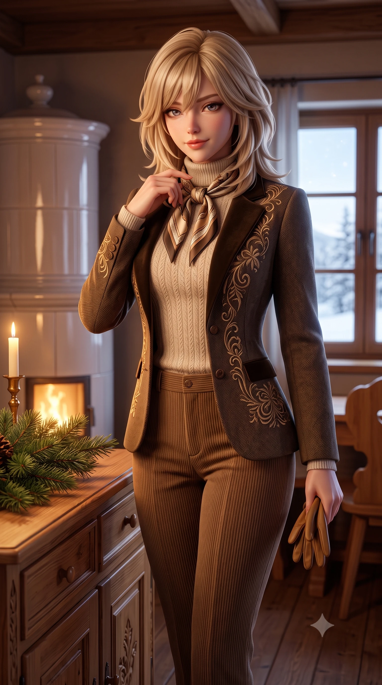 score_9, masterpiece, best quality, ultra-detailed, high-budget anime keyframe, semi-realistic 3D game render, editorial fashion photography, tasteful artistic composition, Japanese woman. close-up cowboy shot from the waist and thighs up, the character dominates the composition, filling the frame with her large presence. touching her silk scarf with delicate fingertips while casting an affectionate, warm glance toward the lens while standing poised at the hand-carved Arvenholz pine dining credenza, arranging fragrant winter pine branches with graceful domestic poise. The surrounding environment is rendered in vivid detail and crisp panoramic clarity: detailed roll-neck cashmere sweater weave, tailored corduroy trouser ribs, and master alpine joinery in high resolution. She has an exceptionally elegant, slender, and willowy female figure with an ultra-slim waist, flat toned midriff, narrow ribcage, and sculpted feminine hips creating an alluring, slim hourglass silhouette without bulk. sharp v-shaped jawline, high-bridge nose, intricate jewel-like sparkling eyes with depth, thick eyelashes, glossy parted lips with a natural peach sheen, bright cheerful beaming smile with an enchanting and coquettish sensual glint, exuding both youthful cute charm and seductive allure, flawlessly proportioned anatomical accuracy, strict slender model proportions, natural body alignment, perfectly sculpted long slender limbs, ultra-slim waistline, clean dynamic posture without body distortion. wearing a retro Art Deco embroidered wool blazer with velvet lapels paired with high-waisted pressed trousers in soft champagne ivory and warm biscuit beige, made of crisp Egyptian cotton poplin with pristine tailored pressing, complemented by buttery leather gloves held delicately in one manicured hand, the expertly draped wool fabric falling in crisp fluid lines along her tall 8.5-heads silhouette, celebrating her slender frame without excess fabric bulk. bathed in cozy 2700K warm ambient candlelight and soft porcelain stove radiance combined with cool winter window light. highly saturated vibrant anime colors, detailed shading with soft gradients, rich glossy textures, high-contrast stereoscopic depth, volumetric dynamic lighting, master piece, 9:16 ratio