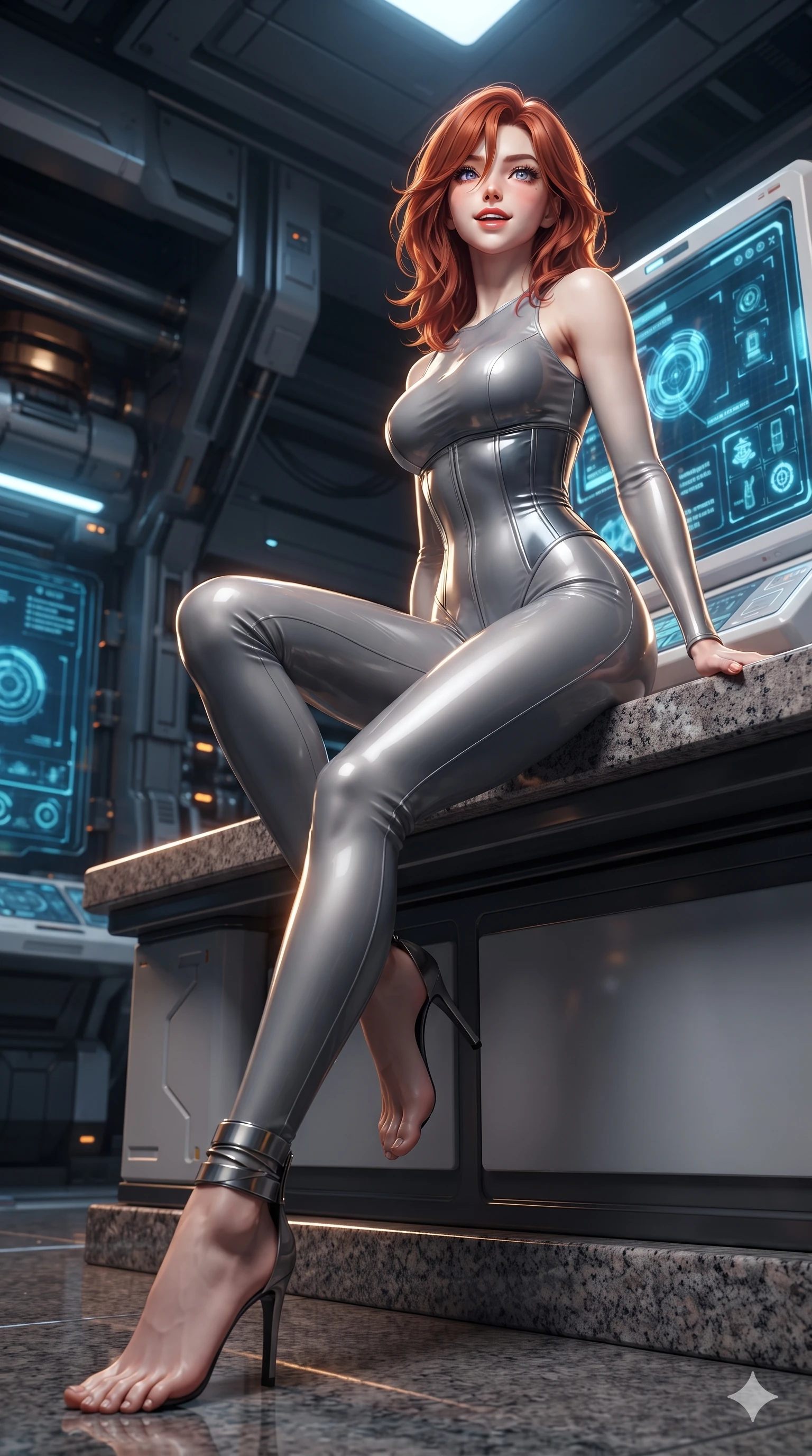 score_9, masterpiece, best quality, ultra-detailed, high-budget anime keyframe, editorial fashion photography, tasteful artistic composition, Korean woman. low angle full-body shot from head to toe showing her feet, filling the entire 9:16 vertical frame with her statuesque presence, stretching her vertical silhouette. sitting poised on the polished granite dais with one knee bent, arching her spine with supermodel elegance as she glances upward through thick eyelashes while leaning against the glowing diagnostic terminal console with hips cocked back, gazing through shimmering amber heat haze with intoxicating bedroom-eyes. The surrounding environment is rendered in vivid detail and crisp panoramic clarity: sharp magnetic solenoid coil bevels, high-pressure steam valve actuators, and crisp holographic telemetry glyphs in deep focus. She has an absolutely perfect, statuesque 8.5-heads proportion, an exceptionally tall and slender model-like female figure with impossibly long slender legs, an ultra-slim waist, a flat toned midriff, narrow delicate ribcage, and beautifully sculpted feminine hips creating a graceful, slim hourglass silhouette without any bulky heaviness. sharp v-shaped jawline, high-bridge nose, intricate jewel-like sparkling eyes with depth, thick eyelashes, glossy parted lips with a natural sheen, bright confident smile with an enchanting and coquettish sensual glint, exuding both youthful magnetic charm and sovereign high-tech allure, flawlessly proportioned anatomical accuracy, strict slender model proportions, natural body alignment, perfectly sculpted long slender limbs, ultra-slim waistline, clean dynamic posture without body distortion. wearing a form-fitting zero-gravity EVA jumpsuit with an ultra-slim corseted waist and exposed clavicle line in reflective liquid mercury and matte phantom grey, tailored from ultra-reflective glossy liquid vinyl with mirror-like specular highlights, complemented by strappy stiletto combat boots with metallic ankle wraps accentuating her slender calves, the form-fitting tactical tailoring adhering flawlessly to her sculpted flat midriff and slender torso, emphasizing her long leg lines and perfectly proportioned willowy build. illuminated by reactor gantry reflection bounce and sharp golden-amber rim lights sculpting her razor-sharp jawline, narrow waist, and curvy hips. ultra-reflective glossy finish, specular highlights, rich textural contrasts, high-contrast stereoscopic depth, volumetric dynamic lighting, 2k, ultra detail, master piece, 9:16 ratio