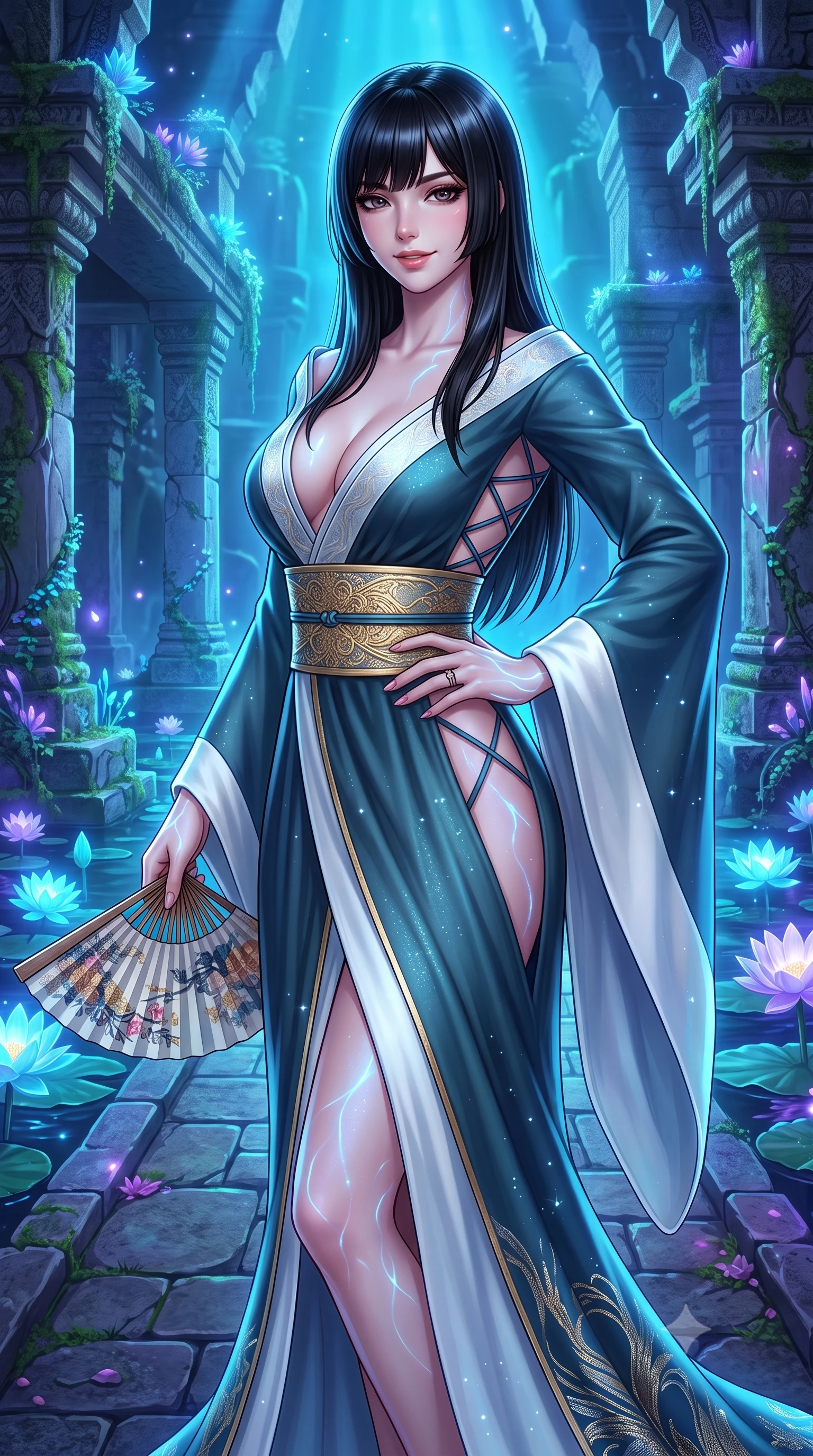 score_9, masterpiece, best quality, ultra-detailed, high-budget anime keyframe, semi-realistic 3D game render, editorial fashion photography, tasteful artistic composition, Caucasian woman. close-up cowboy shot from the waist and thighs up, the character dominates the composition, filling the frame with her large presence. twisting her slender torso in an alluring contrapposto stance, one hand resting on her sculpted hip while holding a traditional silk folding fan with effortless poise while twisting her slender torso in an alluring contrapposto stance, bioluminescent cyan and violet ripples tracing her narrow waist and curvy hips. The surrounding environment is rendered in vivid detail and crisp panoramic clarity: detailed flowing silk gown drape, bioluminescent reflections on skin, and sacred sanctuary architecture in razor-sharp precision. She has an exceptionally elegant, slender, and willowy female figure with an ultra-slim waist, flat toned midriff, narrow ribcage, and sculpted feminine hips creating an alluring, slim hourglass silhouette without bulk. sharp v-shaped jawline, high-bridge nose, intricate jewel-like dark sparkling almond eyes with depth, thick lashes, glossy parted lips with a natural rose-plum sheen, bright alluring and coquettish smile with bedroom-eyes, exuding both timeless oriental elegance and sovereign high-fashion allure, flawlessly proportioned anatomical accuracy, strict slender model proportions, natural body alignment, perfectly sculpted long slender limbs, ultra-slim waistline, clean dynamic posture without body distortion. wearing a deep plunging-V modern kimono gown with wide flowing sleeves and a waist-cinching gold embroidered sash in pure celadon porcelain blue and cloud white, woven from metallic gold and silver thread casting subtle starlight glints, finished with criss-cross back satin laces tracing her slender spine, the form-fitting tailored bodice adhering flawlessly to her sculpted flat midriff and slender torso, emphasizing her long leg lines and perfectly proportioned willowy build. bathed in magical cyan and violet bioluminescent light radiating from the lotus pond. highly saturated vibrant anime colors, detailed shading with soft gradients, rich glossy textures, high-contrast stereoscopic depth, volumetric dynamic lighting, master piece, 9:16 ratio