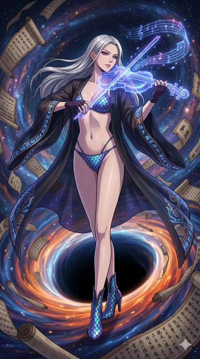 score_9, masterpiece, best quality, ultra-detailed, Set A: High-budget Anime Keyframe, Caucasian (human ears) woman. Low angle cowboy shot filling the entire 9:16 frame with her statuesque presence. Theme: Historical Remix. playing a holographic viol