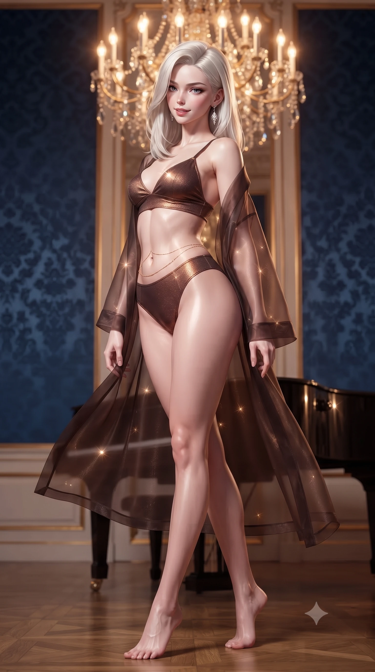 score_9, masterpiece, best quality, ultra-detailed, high-budget anime keyframe, editorial fashion photography, tasteful artistic composition, Caucasian woman. low angle full-body shot from head to toe showing her feet, filling the entire 9:16 vertical frame with her statuesque presence, stretching her vertical silhouette. executing a slow, graceful pivot turn as her skirt sways around her slender legs, glancing back with an enchanting, teasing sensual expression while twisting her slender torso in an alluring contrapposto stance, sapphire silk damask wall coverings framing her flat midriff and hips. The surrounding environment is rendered in vivid detail and crisp panoramic clarity: detailed boned corset bodice lacing, diamond drop earrings sparkle, and Viennese historical palace furnishings in razor-sharp precision. She has an absolutely perfect, statuesque 8.5-heads proportion, an exceptionally tall and slender model-like female figure with impossibly long slender legs, an ultra-slim waist, a flat toned midriff, narrow delicate ribcage, and beautifully sculpted feminine hips creating a graceful, slim hourglass silhouette without any bulky heaviness. sharp v-shaped jawline, high-bridge nose, sparkling eyes with hypnotic seductive depth, thick curled eyelashes, glossy parted lips with a natural dewy peach sheen, alluring bedroom-eyes with an enchanting coquettish smile, exuding magnetic siren charisma and sophisticated glamour, flawlessly proportioned anatomical accuracy, strict slender model proportions, natural body alignment, perfectly sculpted long slender limbs, ultra-slim waistline, clean dynamic posture without body distortion. wearing a sheer organza kimono robe worn loose and slipping off bare shoulders over a matching satin bralette and high-waisted briefs in sultry espresso bronze and metallic copper, woven from stretch metallic lurex jersey casting radiant starlight glints across her silhouette, accented with a dainty gold belly chain resting across her flat midriff and curving hips, the liquid-tight tailored fabric clinging flawlessly to her narrow waist and rounded feminine hips, emphasizing every millimeter of her sculpted slim hourglass curves without any bulky heaviness. bathed in warm 2700K crystal chandelier radiance combined with soft piano reflection highlights. ultra-reflective glossy finish, specular highlights, rich textural contrasts, high-contrast stereoscopic depth, volumetric dynamic lighting, 2k, ultra detail, master piece, 9:16 ratio