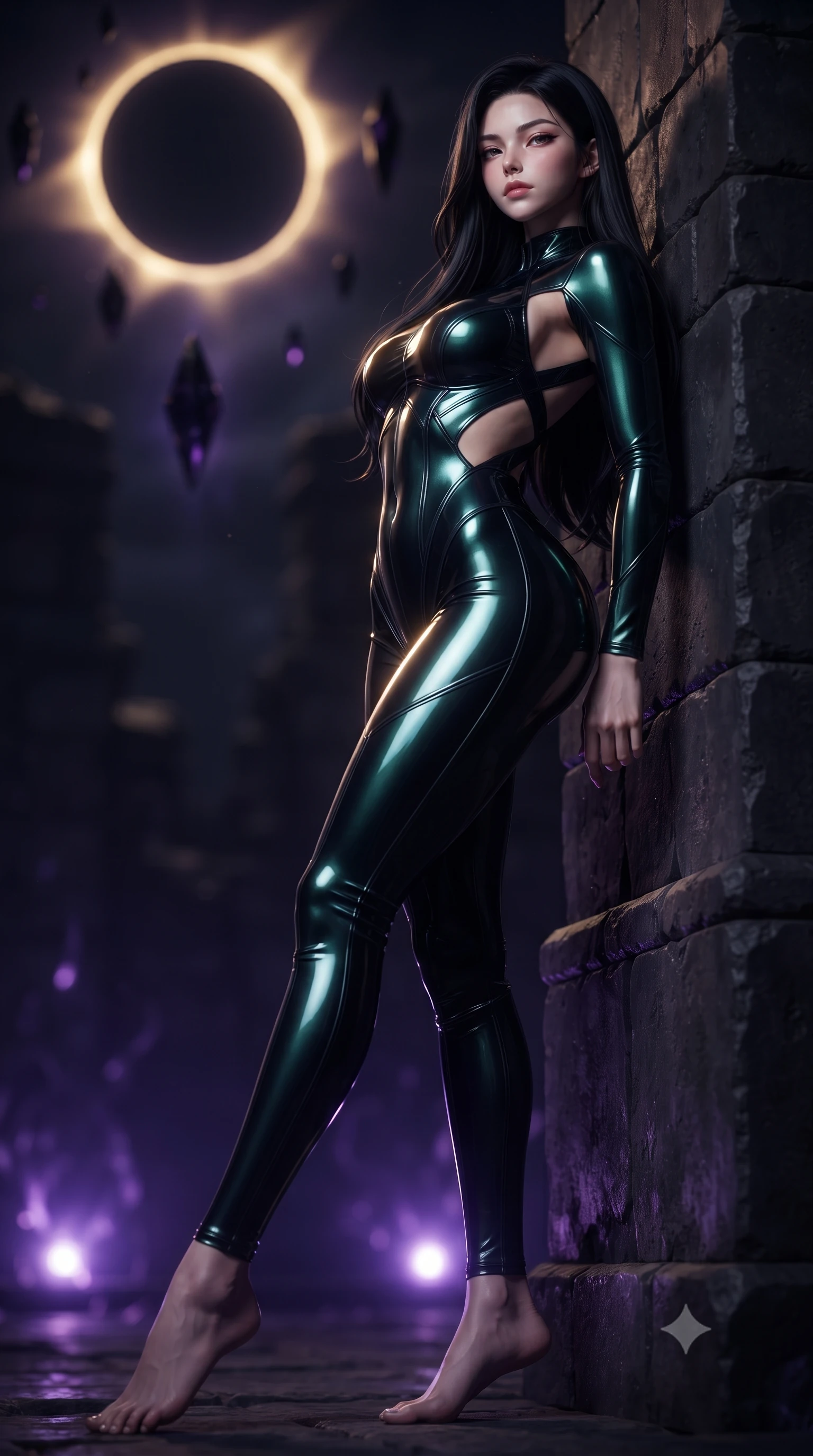 score_9, masterpiece, best quality, ultra-detailed, high-budget anime keyframe, editorial fashion photography, tasteful artistic composition, Korean woman. low angle full-body shot from head to toe showing her feet, filling the entire 9:16 vertical frame with her statuesque presence, stretching her vertical silhouette. arching her back against the dark stone wall with provocative poise, extending one long slender leg to accentuate her razor-sharp statuesque silhouette while arching her spine in a powerful yet enticing stance as the eclipsed solar corona casts a sharp golden-violet halo. The composition keeps background elements in soft focus with creamy bokeh. eclipsed sun corona ring and hovering black crystals blurred into deep violet, gold, and pitch-black bokeh. She has an absolutely perfect, statuesque 8.5-heads proportion, an exceptionally tall and slender model-like female figure with impossibly long slender legs, a toned flat midriff, and an ultra-slim waist. sharp v-shaped jawline, high-bridge nose, intricate jewel-like eyes with depth, thick eyelashes, glossy lips with a natural sheen, flawlessly proportioned anatomical accuracy, strict slender model proportions, natural body alignment, perfectly sculpted long slender limbs, ultra-slim waistline, clean dynamic posture without body distortion. wearing an ultra-sleek high-cut vinyl bodysuit with front contour paneling, exposed side-rib cutouts, and an open back in high-gloss lacquer black and electric emerald highlights, made of liquid metal jersey that clings flawlessly to every contour of her build, complemented by criss-cross back straps highlighting her completely bare spine, the form-contouring material adhering flawlessly to her sculpted flat midriff and slender torso, emphasizing her long leg lines and perfectly proportioned willowy build. bathed in glowing violet arcane energy uplights and sharp golden eclipse corona rim lighting. ultra-reflective glossy finish, specular highlights, dark metallic sheen, deep chiaroscuro contrast, volumetric dynamic shadow lighting, 2k, ultra detail, master piece, 9:16 ratio