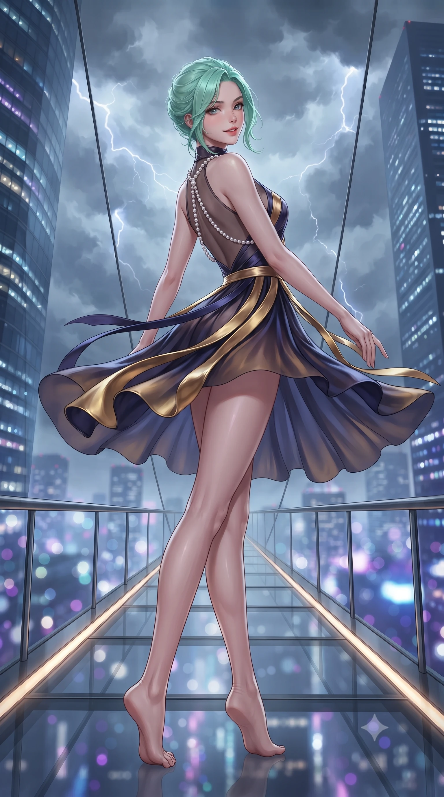score_9, masterpiece, best quality, ultra-detailed, high-budget anime keyframe, editorial fashion photography, tasteful artistic composition, Japanese woman. low angle full-body shot from head to toe showing her feet, filling the entire 9:16 vertical frame with her statuesque presence, stretching her vertical silhouette. executing a slow, graceful pivot turn as her skirt sways around her slender legs, glancing back with an enchanting, teasing sensual expression while standing centered on the suspended glass skybridge connecting two mega-skyscrapers, arching her back with breathtaking statuesque presence. The background shows a soft-focus swirling storm clouds, lightning arcs, and glittering city skyscrapers miles below blurred into sapphire, violet, and electric silver bokeh. She has an absolutely perfect, statuesque 8.5-heads proportion, an exceptionally tall and slender model-like female figure with impossibly long slender legs, an ultra-slim waist, a flat toned midriff, narrow delicate ribcage, and beautifully sculpted feminine hips creating a graceful, slim hourglass silhouette without any bulky heaviness. sharp v-shaped jawline, high-bridge nose, sparkling eyes with hypnotic seductive depth, thick curled eyelashes, glossy parted lips with a natural dewy peach sheen, alluring bedroom-eyes with an enchanting coquettish smile, exuding magnetic siren charisma and sophisticated glamour, flawlessly proportioned anatomical accuracy, strict slender model proportions, natural body alignment, perfectly sculpted long slender limbs, ultra-slim waistline, clean dynamic posture without body distortion. wearing a provocative high-neck sheer illusion ballet dress with liquid satin ribbons contouring her curves in molten liquid gold and midnight indigo, woven from buttery-soft stretch lambskin leather adhering to her body like a second skin, accented with a pearl-drop body harness subtly framing her dewy collarbones and spine, the second-skin tailored fabric adhering flawlessly to her sculpted flat midriff and slender torso, emphasizing her long leg lines and perfectly proportioned willowy build. bathed in cool ambient storm light mixed with warm floor LED lighting strips along the skybridge walkway. ultra-reflective glossy finish, specular highlights, rich textural contrasts, high-contrast stereoscopic depth, volumetric dynamic lighting, 2k, ultra detail, master piece, 9:16 ratio