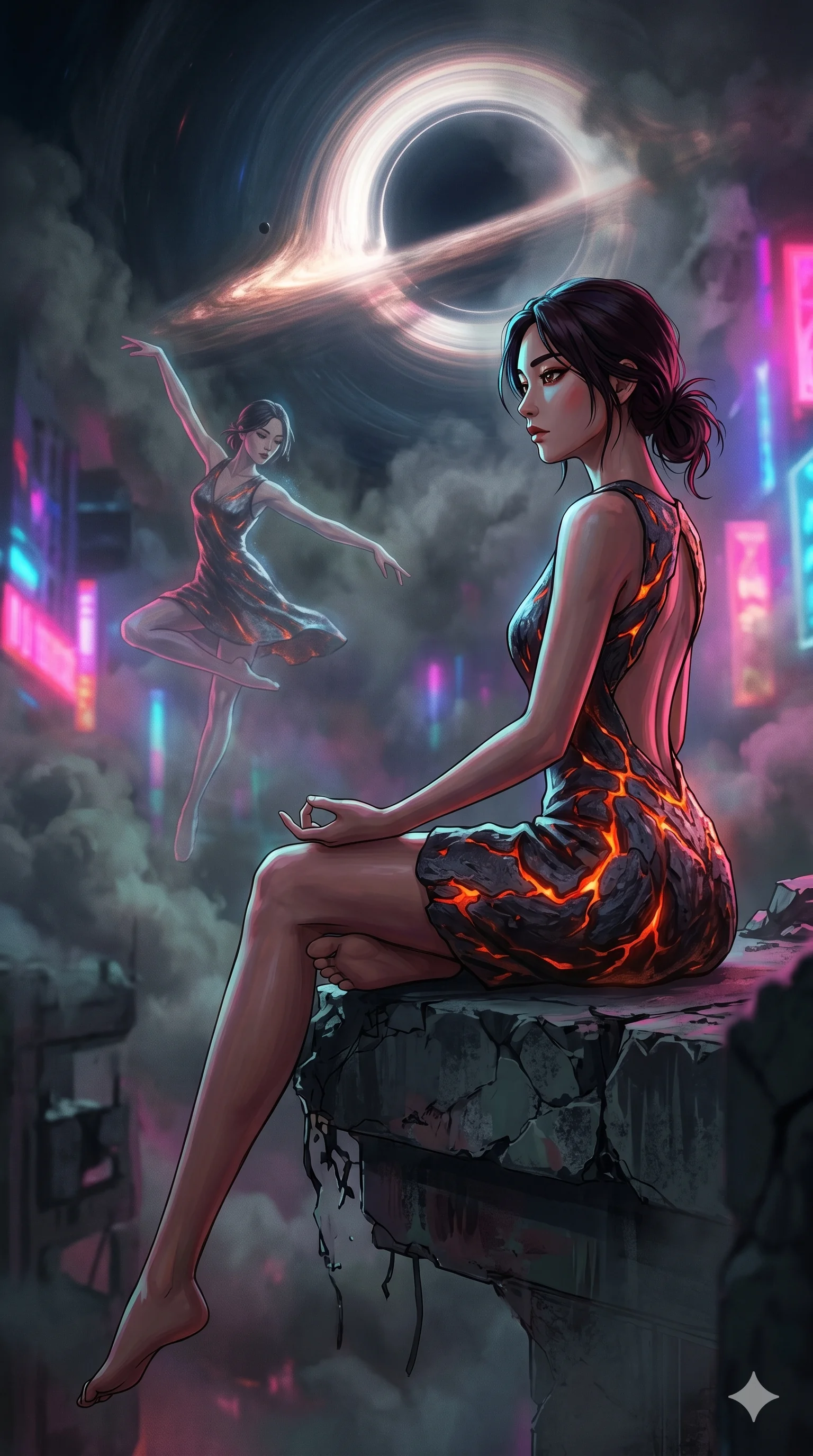 score_9, masterpiece, best quality, ultra-detailed, Set A: High-budget Anime Keyframe, Korean woman. Low angle cowboy shot filling the entire 9:16 frame with her statuesque presence. Theme: Urban Decay. meditating in the edge of a black hole, as her reflection in the air starts to dance independently 75. The atmosphere is filled with heavy smog with neon flares. She has an absolutely perfect 8-heads proportion, an exceptionally tall and slender female figure with impossibly long slender legs and an ultra-slim waist. Sharp v-shaped jawline, high-bridge nose, intricate jewel-like eyes with depth, glossy lips. Wearing Lava-textured metallic dress that glows with an internal fire, featuring an open back. Cinematic lighting, vivid colors, dramatic shadows, 2k, ultra detail, master piece, 9:16 ratio