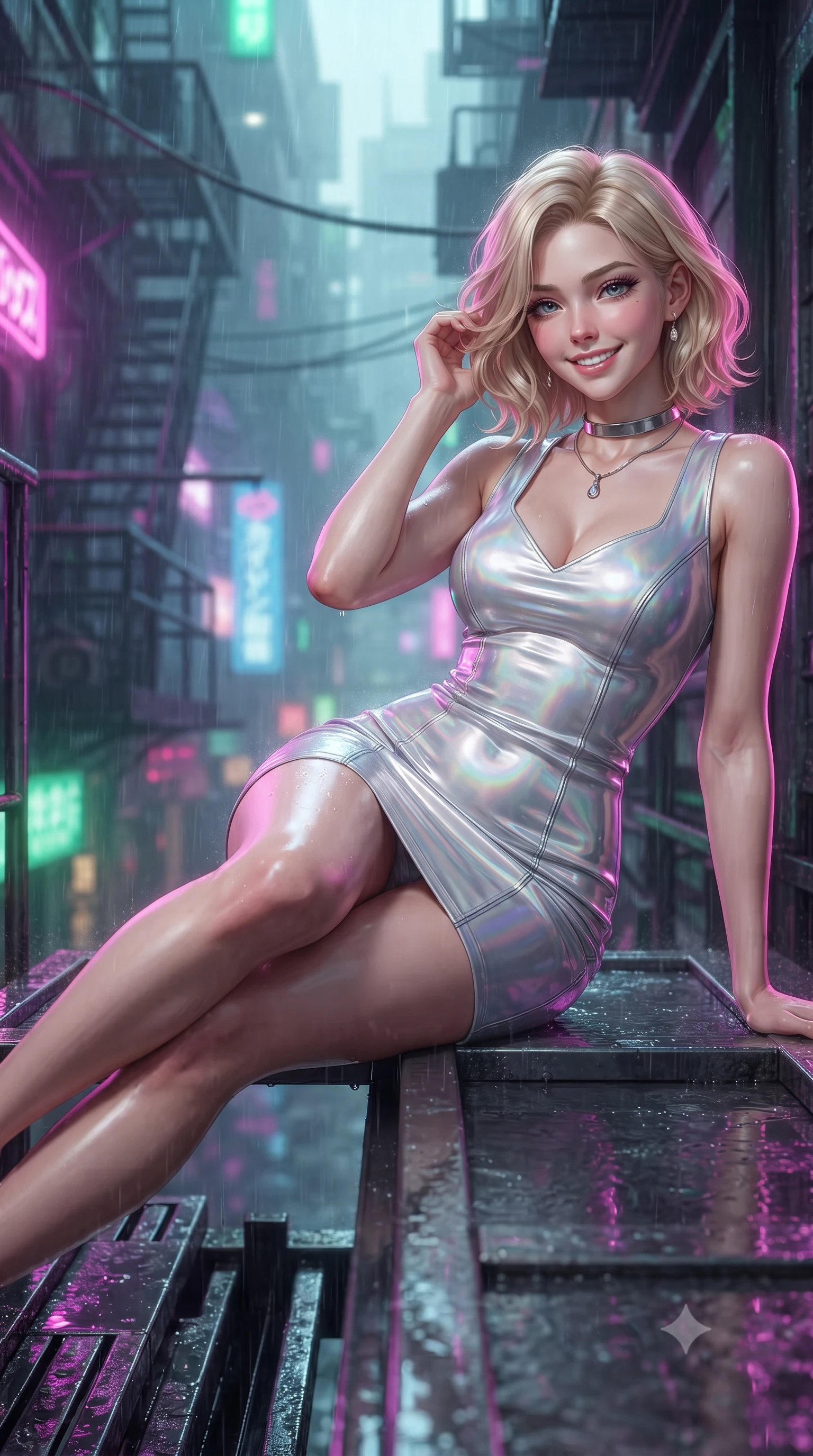 score_9, masterpiece, best quality, ultra-detailed, high-budget anime keyframe, editorial fashion photography, tasteful artistic composition, Caucasian woman. close-up cowboy shot from the waist and thighs up, the character dominates the composition, filling the frame with her large presence. gently brushing a lock of hair behind her ear while casting a playful, flirtatious side-gaze with long eyelashes while reclining gracefully on the sheltered neon-lit fire escape landing with legs extended, displaying her long slender limbs and statuesque hourglass silhouette amid rain-washed cyber-chaos. The background shows a soft-focus fine acid rain mist softened in cyberpunk Shinjuku alley canyon shallow focus. She has an exceptionally elegant, slender, and willowy female figure with an ultra-slim waist, flat toned midriff, narrow ribcage, and sculpted feminine hips creating an alluring, slim hourglass silhouette without bulk. sharp v-shaped jawline, high-bridge nose, intricate jewel-like sparkling eyes with depth, thick eyelashes, glossy parted lips with a natural peach sheen, bright cheerful beaming smile with an enchanting and coquettish sensual glint, exuding both youthful cute charm and seductive allure, flawlessly proportioned anatomical accuracy, strict slender model proportions, natural body alignment, perfectly sculpted long slender limbs, ultra-slim waistline, clean dynamic posture without body distortion. wearing a tailored liquid velvet combat sheath dress with subtle metallic piping following her feminine curves without bulk in iridescent mother-of-pearl and liquid molten silver, tailored from high-density tech-wool with subtle metallic thread weave, finished with a minimalist chrome choker and a single teardrop diamond pendant, the form-contouring silhouette accentuating her sculpted flat midriff, narrow delicate ribcage, and gracefully curvy hips with intoxicating allure. illuminated by wet metal reflection bounce and sharp neon-magenta rim lights defining her razor-sharp jawline, narrow waist, and curvy hips. ultra-reflective glossy finish, specular highlights, rich textural contrasts, high-contrast stereoscopic depth, volumetric dynamic lighting, 2k, ultra detail, master piece, 9:16 ratio