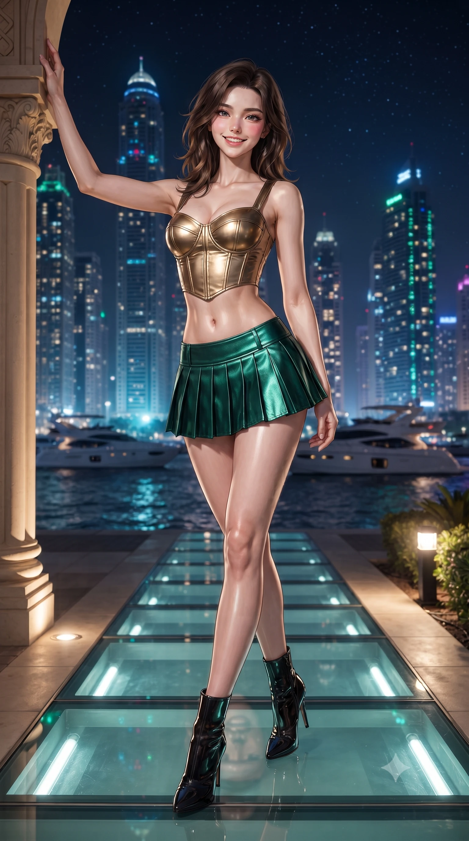 score_9, masterpiece, best quality, ultra-detailed, high-budget anime keyframe, editorial fashion photography, tasteful artistic composition, Korean woman. low angle full-body shot from head to toe showing her feet, filling the entire 9:16 vertical frame with her statuesque presence, stretching her vertical silhouette. standing tall beside the architectural column, one hand resting high while arching her lower back to emphasize her sculpted feminine hips and slender waist while walking poised along the illuminated glass pier suspended over the calm sea, arching her spine with supermodel rhythm as night settles. The background shows a soft-focus towering illuminated skyscrapers of Dubai Marina reflecting on the water, luxury yachts cruising past, and starry night sky blurred into electric sapphire, emerald, and topaz bokeh. She has an exceptionally tall and slender model-like 8.5-heads proportion, an ultra-slim waist, a flat toned midriff, narrow delicate ribcage, and beautifully sculpted feminine hips creating a graceful, slim hourglass silhouette without any bulky heaviness, with impossibly long slender legs. sharp v-shaped jawline, high-bridge nose, intricate jewel-like sparkling eyes with depth, thick eyelashes, glossy parted lips with a natural peach sheen, bright cheerful beaming smile with an enchanting and coquettish sensual glint, exuding both youthful cute charm and seductive allure, flawlessly proportioned anatomical accuracy, strict slender model proportions, natural body alignment, perfectly sculpted long slender limbs, ultra-slim waistline, clean dynamic posture without body distortion. wearing a structured metallic corset crop top with boned waist paired with a low-rise pleated metallic micro-skirt in Monte Carlo casino emerald green and polished brass, woven from buttery-soft stretch lambskin leather adhering to her body like a second skin, complemented by sleek patent leather stiletto ankle boots accentuating her long slender calves, the glove-like clinging cut tightly following the natural contour of her hips and long slender legs with youthful 8.5-heads elegance. bathed in underwater pier LED illumination and warm landscape spotlights mixed with city ambient glow. ultra-reflective glossy finish, specular highlights, rich textural contrasts, high-contrast stereoscopic depth, volumetric dynamic lighting, 2k, ultra detail, master piece, 9:16 ratio