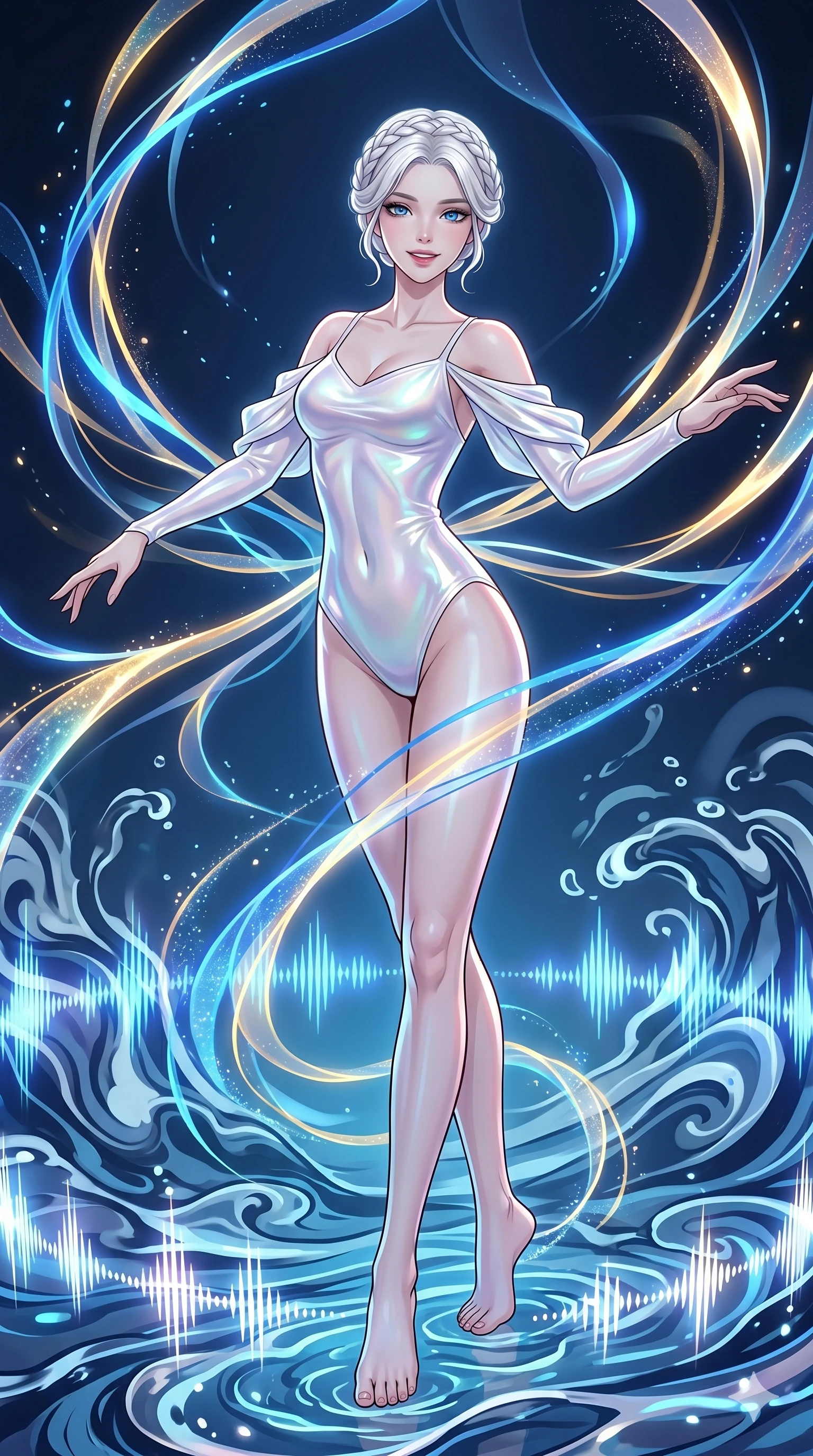 score_9, masterpiece, best quality, ultra-detailed, High-budget Anime Keyframe, vibrant colors, fluid line-art, expressive lighting, cinematic composition, Ufotable-style visual effects, top-tier animation quality, Korean woman with idol-like refined features. Medium shot from the thighs up, her commanding presence occupying two-thirds of the frame. Dancing amidst a storm of glowing ribbons that trail behind her every movement. She has an absolutely perfect 8-heads proportion, an exceptionally tall and slender female figure with impossibly long slender legs and an ultra-slim waist, her statuesque height and towering silhouette dominating the vertical 9:16 frame. Her face is a masterpiece featuring a sharp v-shaped jawline, high-bridge nose, intricate jewel-like eyes with depth, thick eyelashes, and glossy lips with a natural sheen. She is wearing a Liquid pearl fabric bodysuit that shimmers with an iridescent sheen, with elegant off-shoulder sleeves. The scene is set in an abstract digital ocean where the water is made of flowing ink and sound waves. 2k, ultra detail, master piece, 9:16 ratio