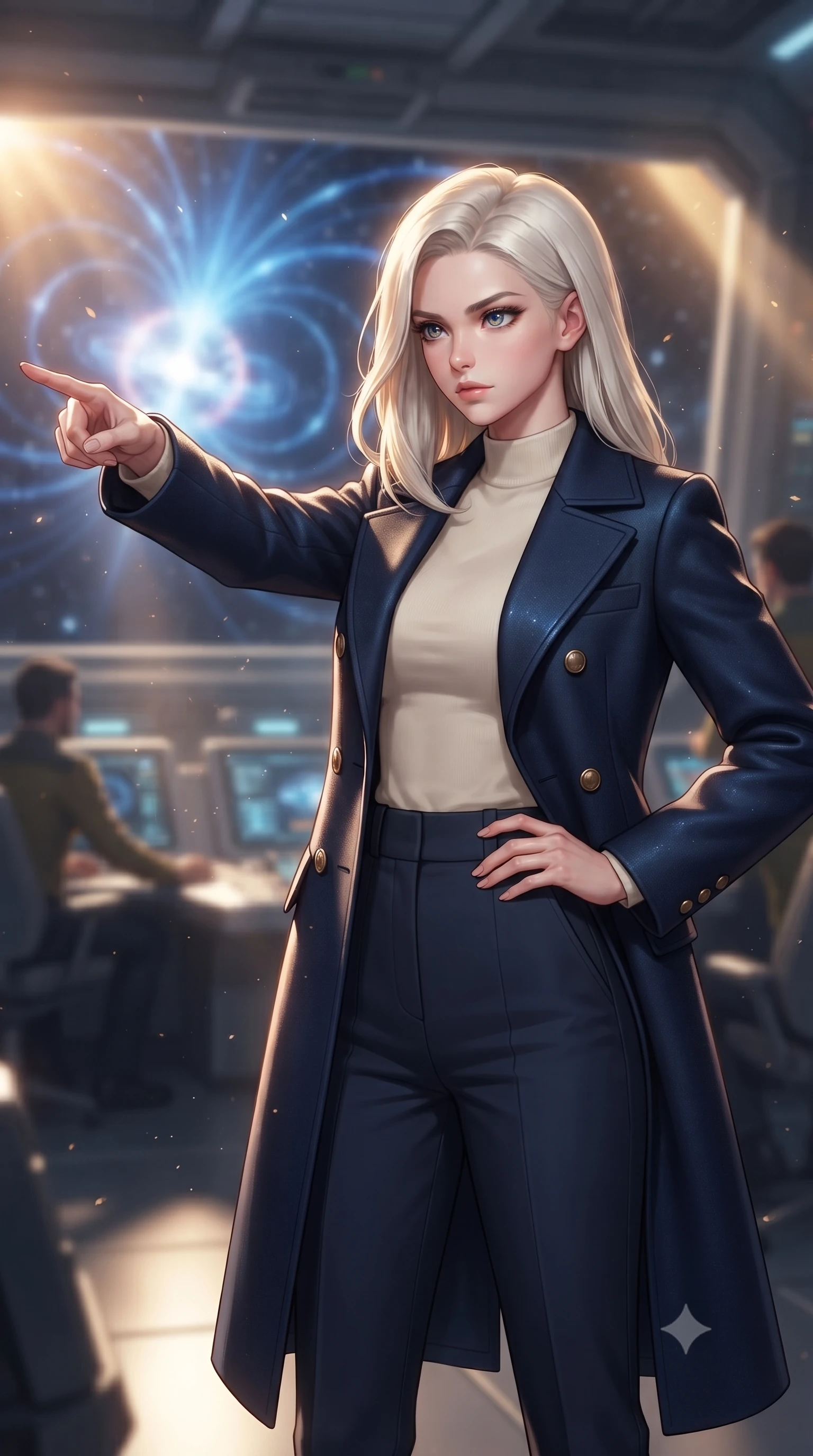 score_9, masterpiece, best quality, ultra-detailed, high-budget anime keyframe, editorial fashion photography, tasteful artistic composition, realistic cosplay photography, Caucasian woman, strictly human ears. close-up cowboy shot from the waist and thighs up, the character dominates the composition, filling the frame with her large presence, background elements kept in soft focus. Commanding the starship crew with a decisive gesture, pointing toward the galactic viewscreen. set against a soft-focus background of a research platform shielded from a magnetar star, blue magnetic fields visible arcing in space. She has an exceptionally elegant and slender, willowy female figure with an ultra-slim waist, a gracefully sculpted slender torso, and a refined slim physique. sharp v-shaped jawline, high-bridge nose, intricate jewel-like eyes with depth, thick eyelashes, glossy lips with a natural sheen. wearing tailored for maximum mobility, sleek form-contouring panels that allow fluid movement, a form-contouring structured space-navy bridge coat in deep navy blue wool with double-breasted brass buttons, worn over a cream mock-neck top and navy trousers. golden hour sunlight streaming in warm shafts with floating dust particles catching the light. ultra-reflective glossy finish, specular highlights, metallic sheen, high-contrast stereoscopic depth, volumetric dynamic lighting, 2k, ultra detail, master piece, 9:16 ratio