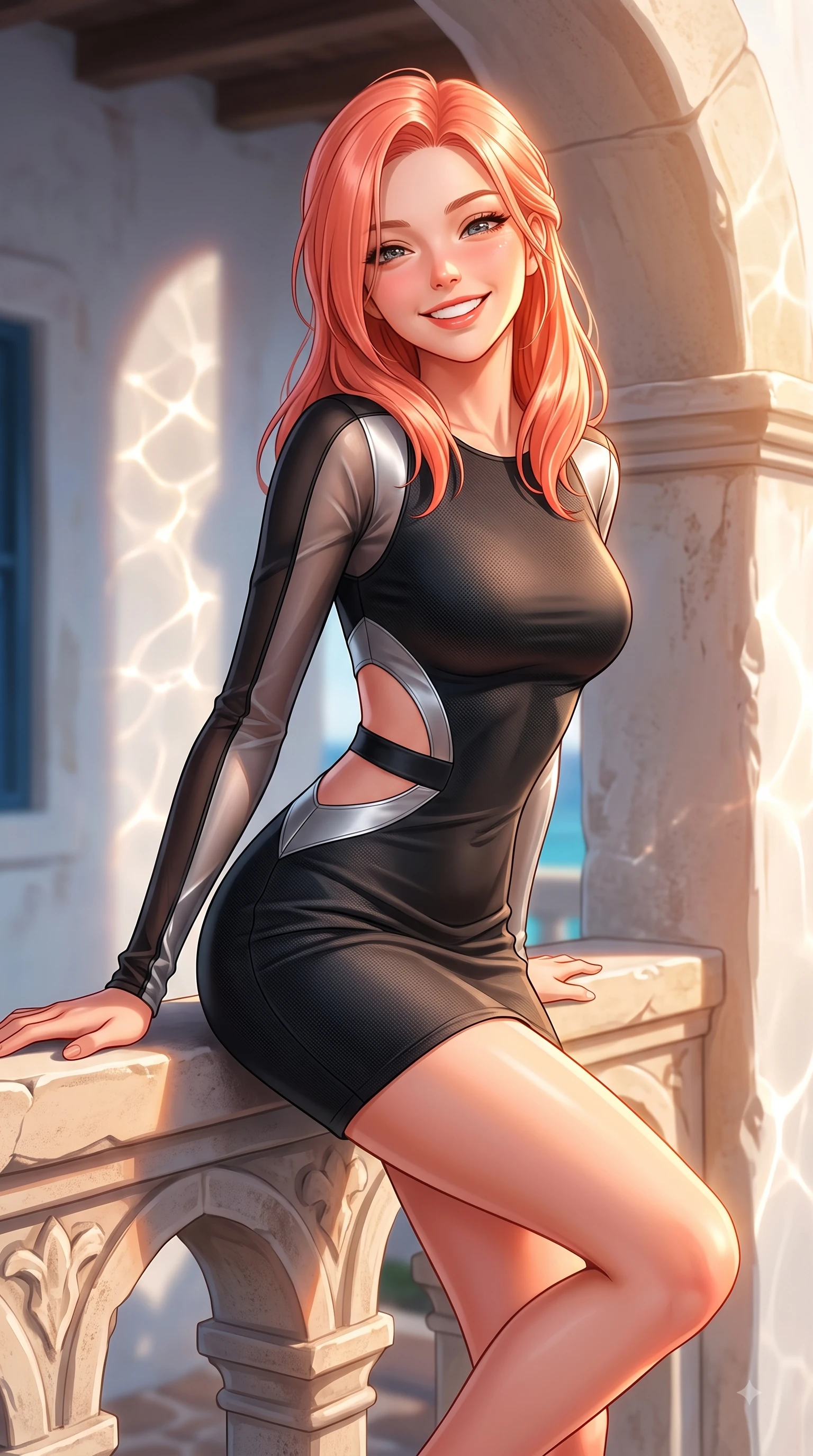 score_9, masterpiece, best quality, ultra-detailed, high-budget anime keyframe, editorial fashion photography, tasteful artistic composition, Japanese woman. close-up cowboy shot from the waist and thighs up, the character dominates the composition, filling the frame with her large presence, background elements kept in soft focus. Radiant bright smile with sparkling eyes directed right into the lens, her torso turning in a dynamic S-curve alignment while resting happily on a stone archway balcony as intense Mediterranean sunlight warms her form, glistening water reflections dancing dynamically across whitewashed stone walls. She has an exceptionally elegant, slender, and willowy female figure with an ultra-slim waist, a gracefully sculpted slender torso, and a refined silhouette. sharp v-shaped jawline, high-bridge nose, intricate jewel-like eyes with depth, thick eyelashes, glossy lips with a natural sheen, flawlessly proportioned anatomical accuracy, natural body alignment, perfectly sculpted elegant limbs, clean dynamic posture without body distortion. wearing a sleek bodycon knit dress with strategic sheer organza sleeve panels in matte black and polished silver, made of fine carbon-fiber weave and soft matte leather, featuring clean architectural cutouts along her slender torso, the elegant draped fit framing her graceful clavicle and slender torso. illuminated by warm golden sunlight with soft terracotta ambient fill. highly saturated vibrant anime colors, detailed shading with soft gradients, rich glossy textures, high-contrast stereoscopic depth, volumetric dynamic lighting, master piece, 9:16 ratio